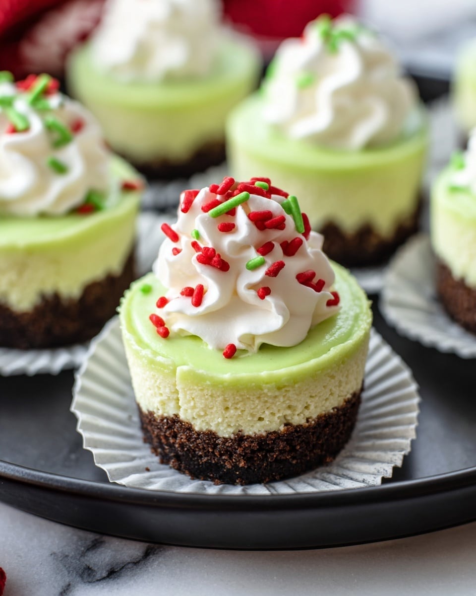 A close-up of a mini cupcake with three layers, placed on a white marbled surface. The bottom layer is dark brown and rough, forming a crunchy crust. Above it is a thick middle layer of smooth, light green filling with a soft texture, wrapped in a white cupcake liner with ridges. On top, there is a dollop of white whipped cream, soft and fluffy, decorated with small red heart-shaped sprinkles and thin green sprinkles scattered around. The cupcake is on a black plate with a piece of white parchment paper underneath, and several similar green mini cupcakes with white whipped cream tops are blurred softly in the background. Photo taken with an iphone --ar 4:5 --v 7