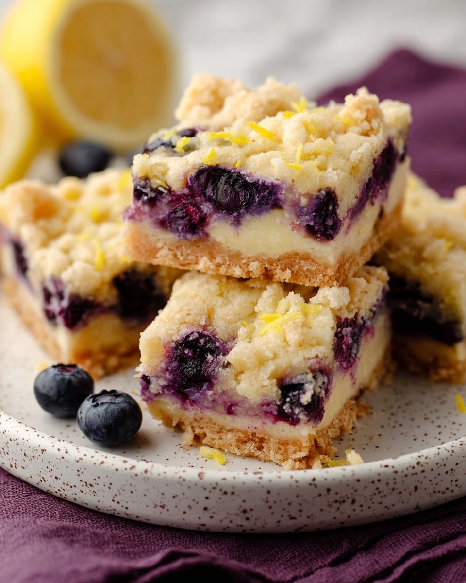 The image shows four square blueberry lemon bars on a white speckled plate. Each bar has three layers: a light golden crumbly crust at the bottom, a creamy middle layer mixed with whole dark purple blueberries, and a crumbly pale yellow topping with small visible lemon zest bits. The bars are thick and moist, with blueberries peeking out through the middle layer. Two fresh blueberries rest on the plate near the bars. The plate sits on a dark purple cloth on a white marbled surface, and a slice of lemon is partially visible in the corner. Photo taken with an iphone --ar 4:5 --v 7