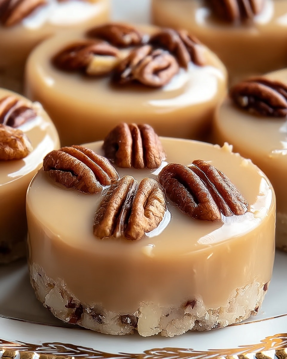 The image shows close-up small round treats with two layers, placed close to each other. The bottom layer is crumbly and light beige with visible nut pieces. The top layer is a smooth, creamy light caramel color, slightly glossy, and covers the entire treat. The top surface of each treat is decorated with whole and halved pecans, which are a rich brown with a shiny texture. The treats sit on a white plate with a gold detailed edge, all set on a white marbled texture. Photo taken with an iphone --ar 4:5 --v 7