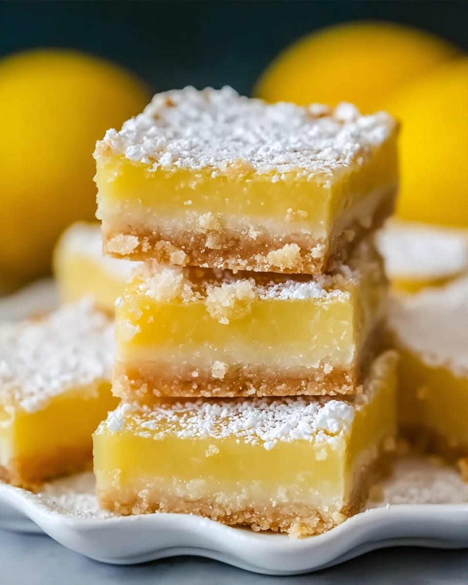 The image shows a close-up of several square lemon bars stacked on a white plate with a scalloped edge, placed on a white marbled surface. Each lemon bar has two layers: a bottom layer of golden-brown crumbly crust with a textured appearance, and a top layer of smooth, bright yellow lemon filling. The top of the lemon filling is dusted generously with white powdered sugar, giving a soft, powdery finish. The bars are stacked unevenly, highlighting their soft and slightly dense texture. Photo taken with an iphone --ar 4:5 --v 7