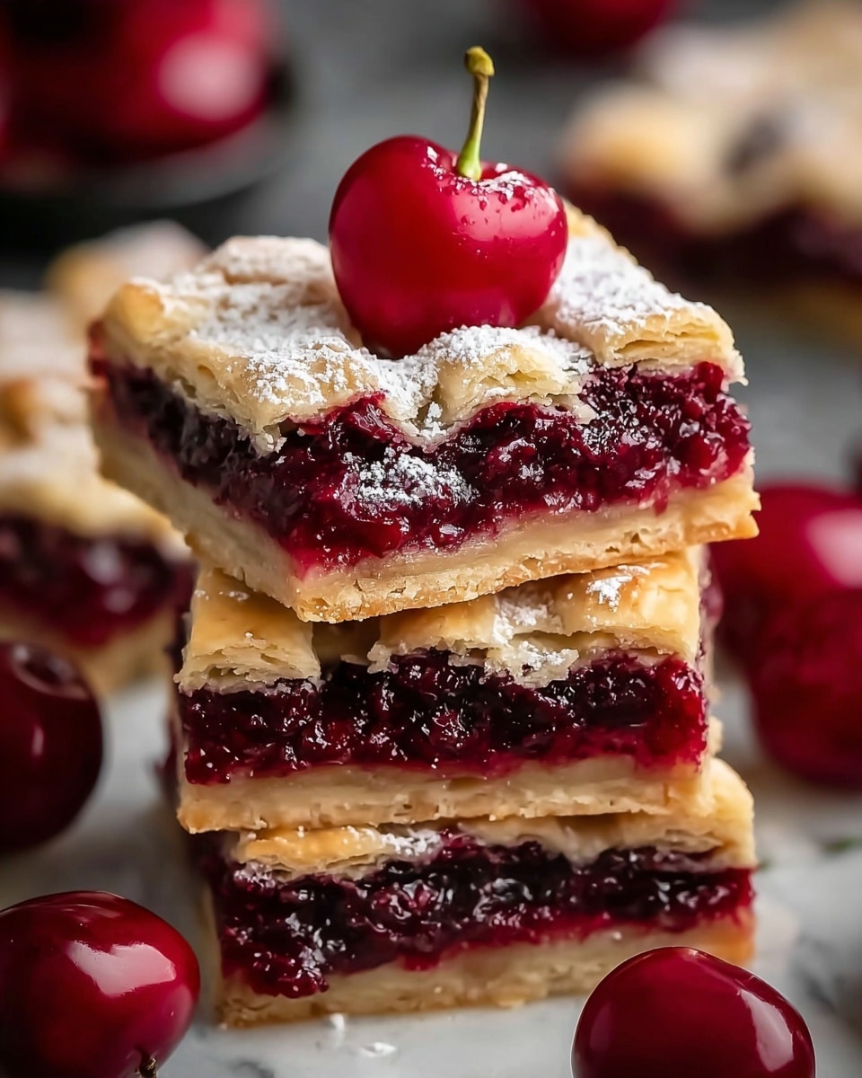 The image shows a stack of three square cherry pie bars with a golden, slightly crumbly crust at the bottom and top. Each bar has a thick, glossy deep red cherry filling with a slightly uneven texture between the two crust layers. The top crust has small patches where the red filling peeks through. On the top bar, there is a bright red cherry with a green stem placed in the center. Around the stack, there are a few loose cherry fruits with shiny skins, all set against a blurred dark background on a white marbled surface. photo taken with an iphone --ar 4:5 --v 7