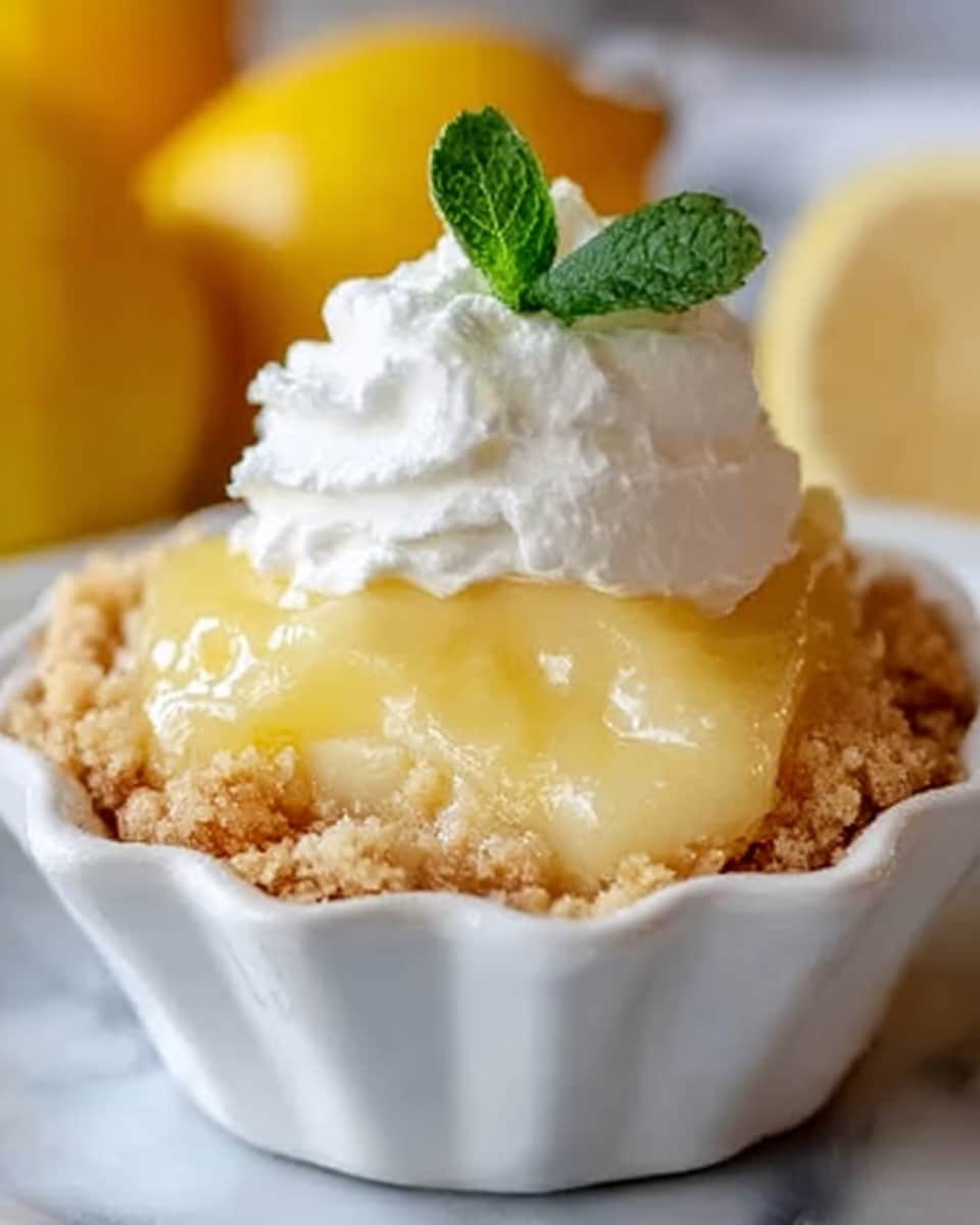 The image shows a small white scalloped dish filled with a lemon dessert that has three visible layers. The bottom layer looks smooth and creamy with a light yellow color, topped by a crumbly, golden-brown crust that covers the edges. On top, there is a dollop of white whipped cream with a light green mint leaf garnish. The dish sits on a white marbled surface with blurred yellow fruits in the background. Photo taken with an iphone --ar 4:5 --v 7