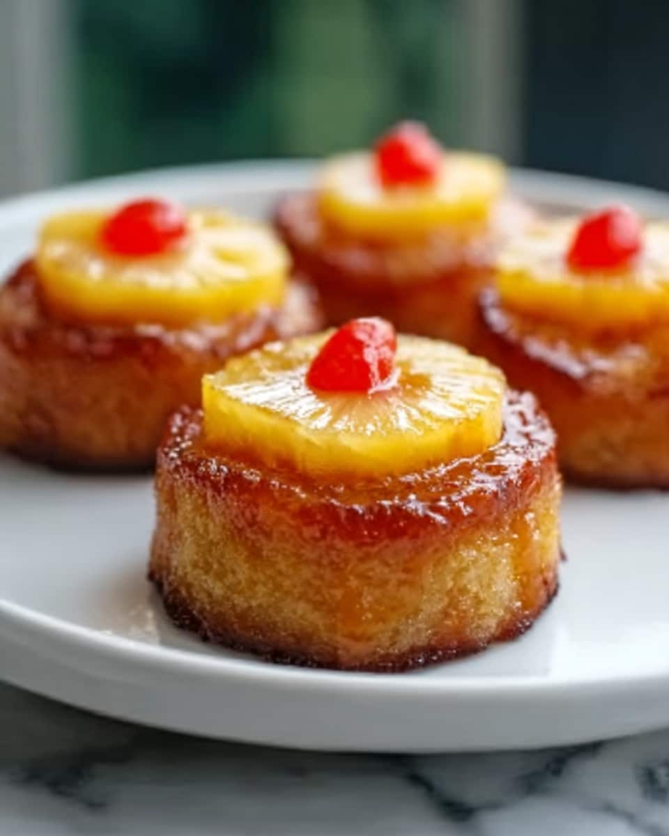 The image shows three small round cakes on a white plate set on a white marbled surface, each with three visible layers. The bottom layer is a golden, textured cake base. The middle layer is a smooth, caramelized brown ring that looks sticky and shiny. On top is a bright yellow pineapple slice with a small dollop of red cherry placed in the center of each cake. The background is softly blurred with soft light coming through, and a woman's hand is gently reaching towards one of the cakes. photo taken with an iphone --ar 4:5 --v 7