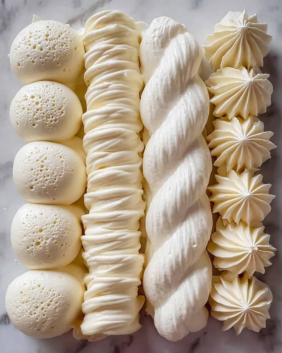 The image shows four rows of piped cream or meringue laid out on a white marbled surface. The first row on the left has large, rounded dollops of smooth, glossy cream in a light ivory color, with small air bubbles visible on the surface. The second row features a textured, ridged pattern with wavy lines running diagonally, also in light ivory. The third row presents slightly larger, smooth dollops fused together in an oval shape, with a glossy finish and small air bubbles. The last row on the right has smaller, star-shaped bursts of cream, each with defined ridges and swirls, forming a neat line. All the layers are creamy light ivory, with each piped design having a distinctive texture and shape, placed side by side for a clear visual comparison. Photo taken with an iphone --ar 4:5 --v 7