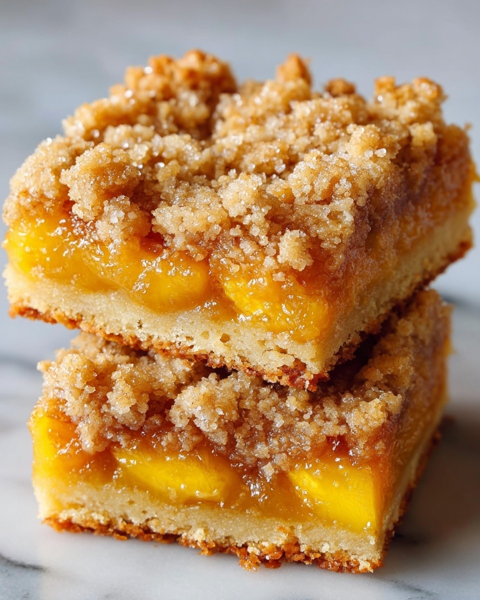 The image shows two square peach crumble bars stacked on a white marbled surface. Each bar has three distinct layers: the bottom layer is a light golden brown, firm, and cakey crust. The middle layer is thick and glossy with bright, juicy, orange-yellow peach chunks visible inside. The top layer is a crumbly streusel topping that is golden brown with rough, coarse texture and small sugar crystals sparkling in the light. The bars look moist and soft in the middle with a crunchy topping, and the edges are slightly browned. Photo taken with an iphone --ar 4:5 --v 7