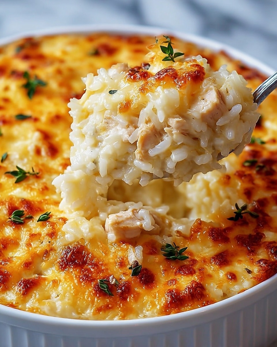 The image shows a close-up of a baked rice casserole in a white bowl, with a spoon lifting a serving. The dish has three visible layers: the bottom layer consists of tender white rice mixed with small pieces of cooked chicken, the middle layer is creamy and smooth, blending the rice and chicken together, and the top layer is golden brown and bubbly melted cheese with some slightly dark golden spots, sprinkled with small green herb leaves. The texture looks soft and creamy with a slightly crispy top. The background is a white marbled texture. Photo taken with an iphone --ar 4:5 --v 7