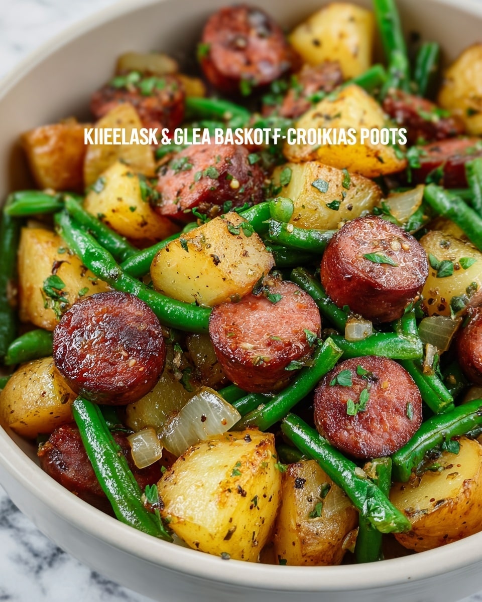 The image shows a close-up of a white slow cooker filled with cooked food. Inside, there are several thick slices of light brown sausage, bright yellow chunks of potatoes, and green beans spread throughout. Small pieces of red pepper are scattered on top, adding a bit of color contrast. The food looks soft and moist, and the slow cooker is open, showing all the ingredients clearly. The surface under the slow cooker is a white marbled texture. photo taken with an iphone --ar 4:5 --v 7