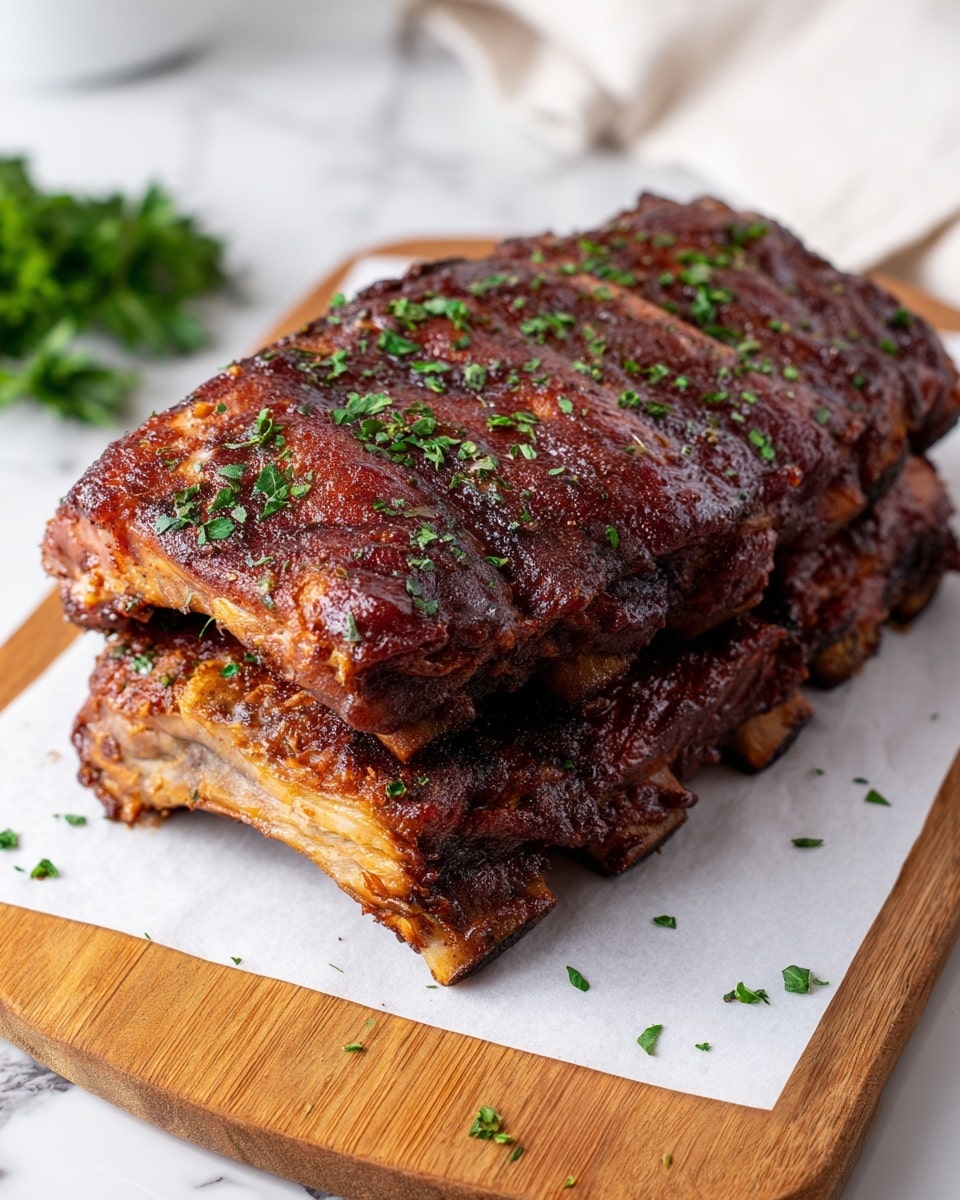 The image shows two layers of cooked ribs stacked on top of each other on white parchment paper placed on a wooden board. The ribs have a shiny dark brown outer layer with a slightly crispy texture, and the meat underneath appears tender with a golden-brown color. The ribs are sprinkled with small green herb pieces evenly across their surface, adding a fresh contrast to the rich, cooked meat. Some scattered herbs surround the wooden board on the white marbled surface. Photo taken with an iphone --ar 4:5 --v 7