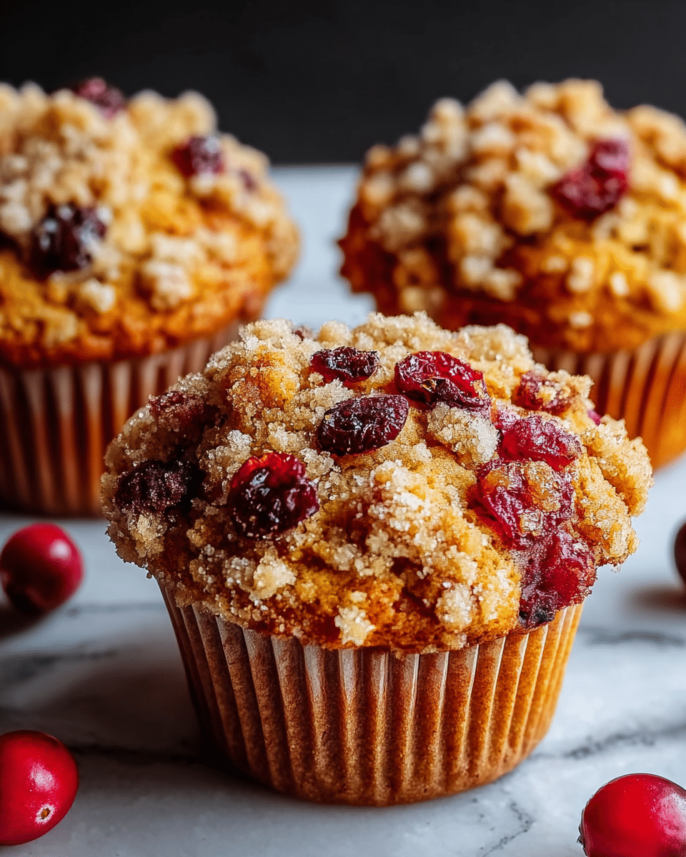 A close-up view of three muffins with a crumbly golden top layer, dotted with glossy dark red cranberry pieces. The muffins have a light brown textured base with vertical ridges from the baking cup, showing a soft and moist crumb underneath the crunchy topping. The muffins are placed on a white marbled surface, scattered with a few whole bright red cranberries around them. photo taken with an iphone --ar 4:5 --v 7