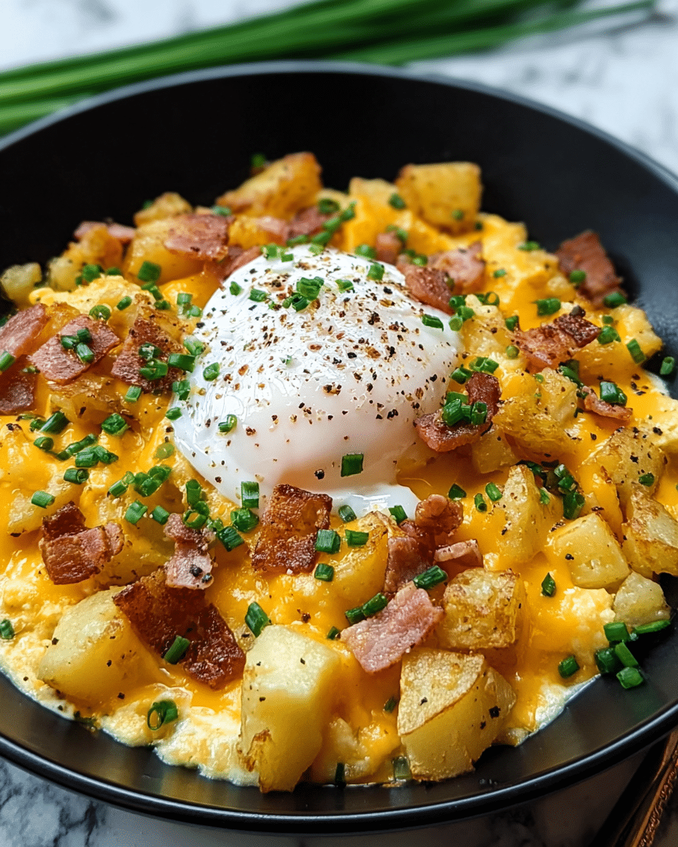 A close-up of a black bowl filled with a breakfast dish showing a base layer of creamy, melted yellow-orange cheddar cheese mixed with small pieces of scrambled eggs, topped with golden browned chunks of fried potatoes spread evenly. In the center, there is a perfectly cooked white poached egg with a smooth texture, sprinkled with freshly ground black pepper. Scattered on top are small pieces of pink, crispy bacon and finely chopped bright green chives, adding color and texture contrast. The bowl is placed on a white marbled surface with some green chives blurred in the background. photo taken with an iphone --ar 4:5 --v 7