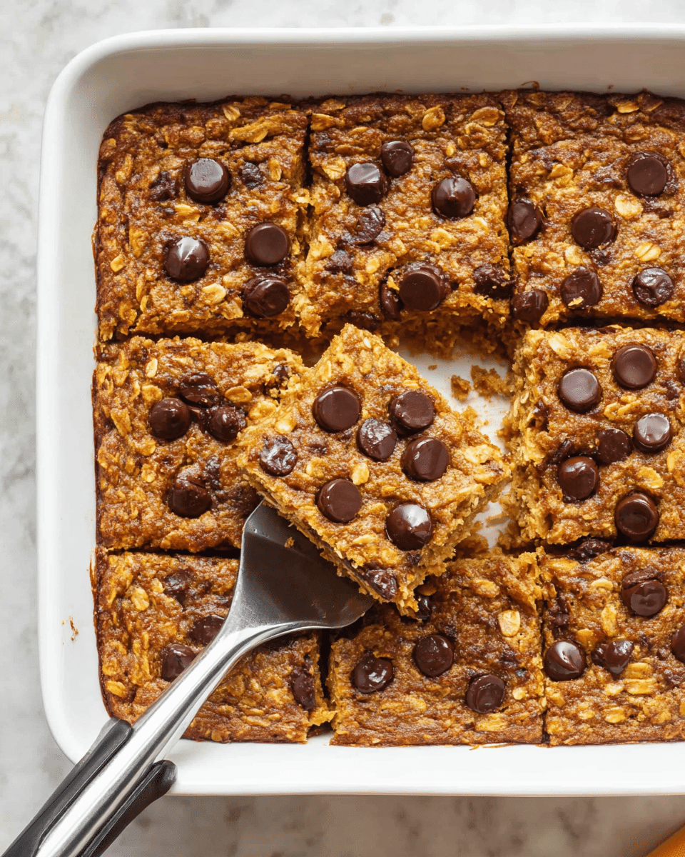 A white baking dish filled with a thick, golden-brown baked treat that looks like a soft blondie or oat bar, cut into nine square pieces. The top layer is textured with oats and scattered round dark chocolate chips, some slightly melted. One piece is missing from the lower left corner, revealing a soft, moist inside that is lighter in color than the top. A metal spatula with a black handle is lifting the missing piece, showing the inside layers clearly. The dish sits on a white marbled surface. photo taken with an iphone --ar 4:5 --v 7