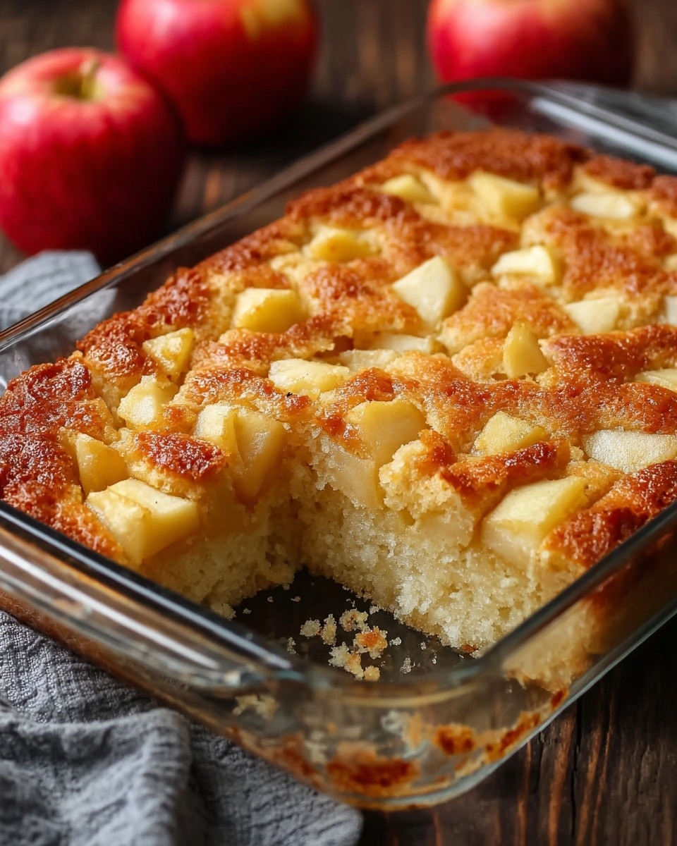 A glass baking dish holds a golden brown apple cake with a slightly crispy top, showing chunks of soft, pale yellow apple pieces evenly spread in the middle layer. The bottom layer is a light, fluffy cake with crumbs visible around the cut-out section, revealing a moist texture inside. The dish sits on a dark wooden surface with three red apples blurred in the background and a gray cloth nearby. photo taken with an iphone --ar 4:5 --v 7