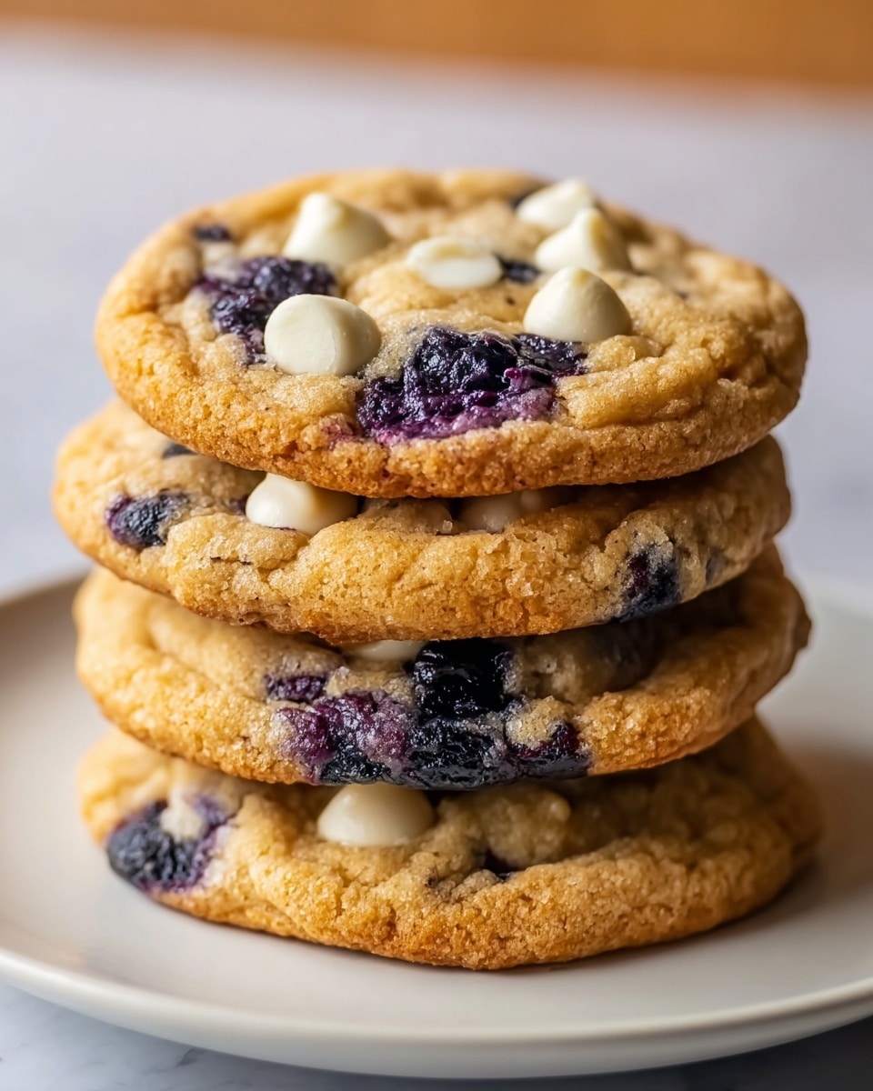 A stack of four thick cookies sits on a white plate with a white marbled background. Each cookie has a light golden-brown color with a slightly crispy edge and soft, crackled texture. The top cookie displays visible blueberries embedded in the dough, showing dark purple-blue juicy spots, and white chocolate chips that add small bright white accents. The cookies are uneven but roughly round, layered closely one on top of another, offering a warm and fresh baked look. Photo taken with an iphone --ar 4:5 --v 7