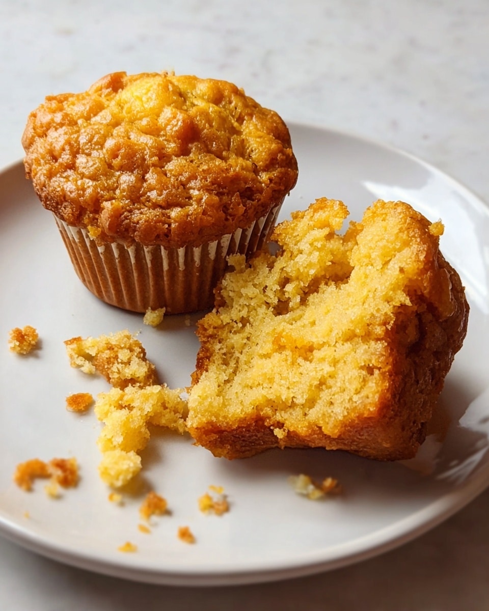 Two muffins sit on a white plate on a white marbled surface; one muffin is whole, showing a golden brown, textured top with a slightly uneven surface, while the other is broken open to reveal a moist, crumbly interior in a lighter shade of golden yellow with a soft texture; crumbs are scattered around the broken muffin on the plate. photo taken with an iphone --ar 4:5 --v 7