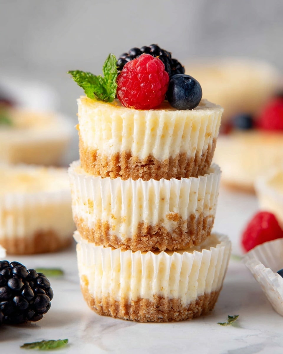 A stack of three mini cheesecakes is shown, each with two layers: a crumbly, light brown base and a smooth, creamy pale yellow cheese layer on top. The cheesecakes are wrapped in white cupcake liners that are slightly open at the bottom. On top of the stack, there are fresh berries including a black blackberry, a red raspberry, and a small dark blue blueberry, along with a small green mint leaf. The background is a white marbled surface, with a few blurred mini cheesecakes and scattered berries visible in the distance. photo taken with an iphone --ar 4:5 --v 7