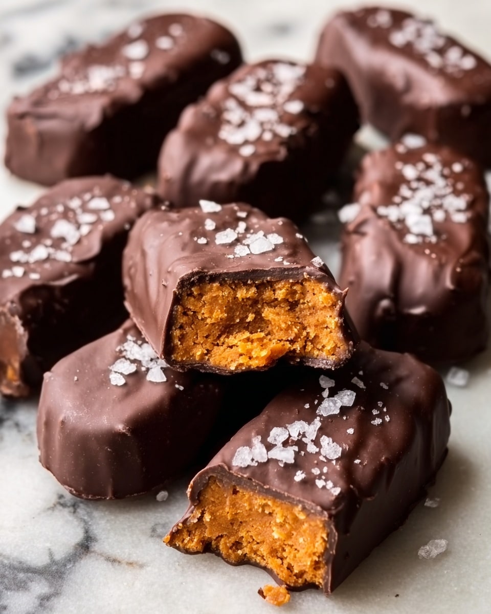 The image shows several chocolate-covered bars placed on a white marbled surface. Each bar is coated with smooth, dark chocolate and has a rough texture on the outside sprinkled with a few flakes of sea salt. One bar is cut in half and positioned in the front, revealing a dense, crumbly orange filling inside that looks soft but firm. The bars are arranged casually and look rich and tasty. Photo taken with an iphone --ar 4:5 --v 7