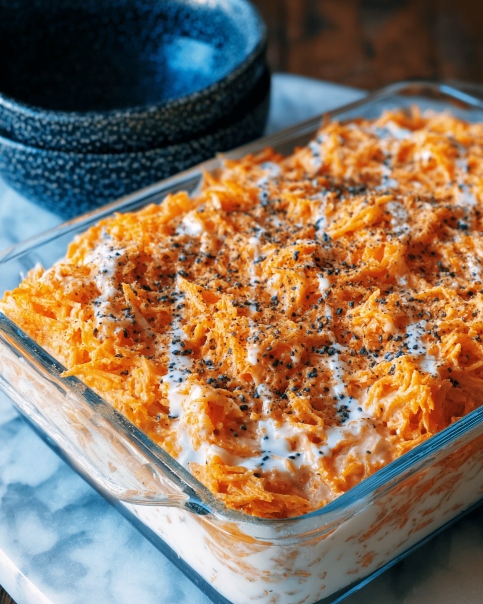 The image shows a clear rectangular glass dish filled with a layered dish. The bottom layer is white, creamy, and smooth, topped with a thick layer of finely shredded, bright orange, moist ingredients mixed with a creamy sauce. The top layer is drizzled lightly with a white creamy sauce and sprinkled with small bits of black seasoning evenly spread across the surface. The dish is placed on a white marbled surface, with a dark blue textured bowl partially seen in the background. Photo taken with an iphone --ar 4:5 --v 7