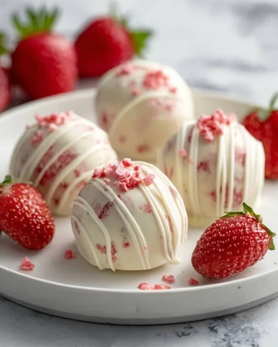 A white plate holds four round white chocolate truffles with light pink bits inside. Each truffle is drizzled with thin white chocolate lines and sprinkled with small pink pieces on top. Bright red strawberries with green leaves sit around the truffles, adding a fresh look. The background is a white marbled surface, and the photo is focused on the sweet treats in soft light. Photo taken with an iphone --ar 4:5 --v 7