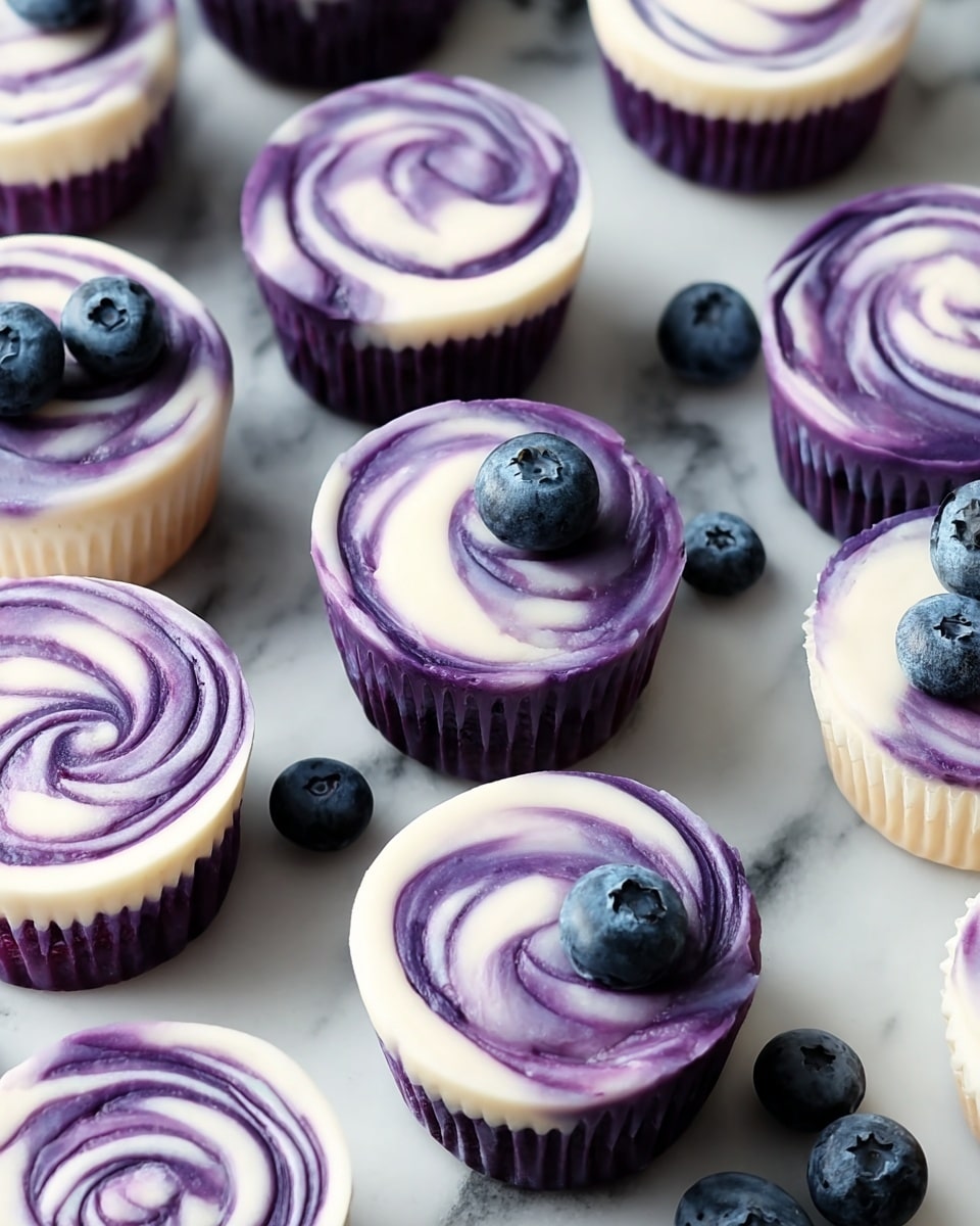 The image shows several small cupcakes arranged closely on a white marbled surface. Each cupcake has two visible layers: a deep purple bottom layer with a smooth texture and a creamy white top layer with purple swirls that create a spiral pattern across the surface. Some cupcakes are topped with a single fresh blueberry, adding a dark blue color contrast. Loose blueberries are scattered around the cupcakes. The cupcakes are placed in white paper liners that show some color from the purple layer beneath. Photo taken with an iphone --ar 4:5 --v 7