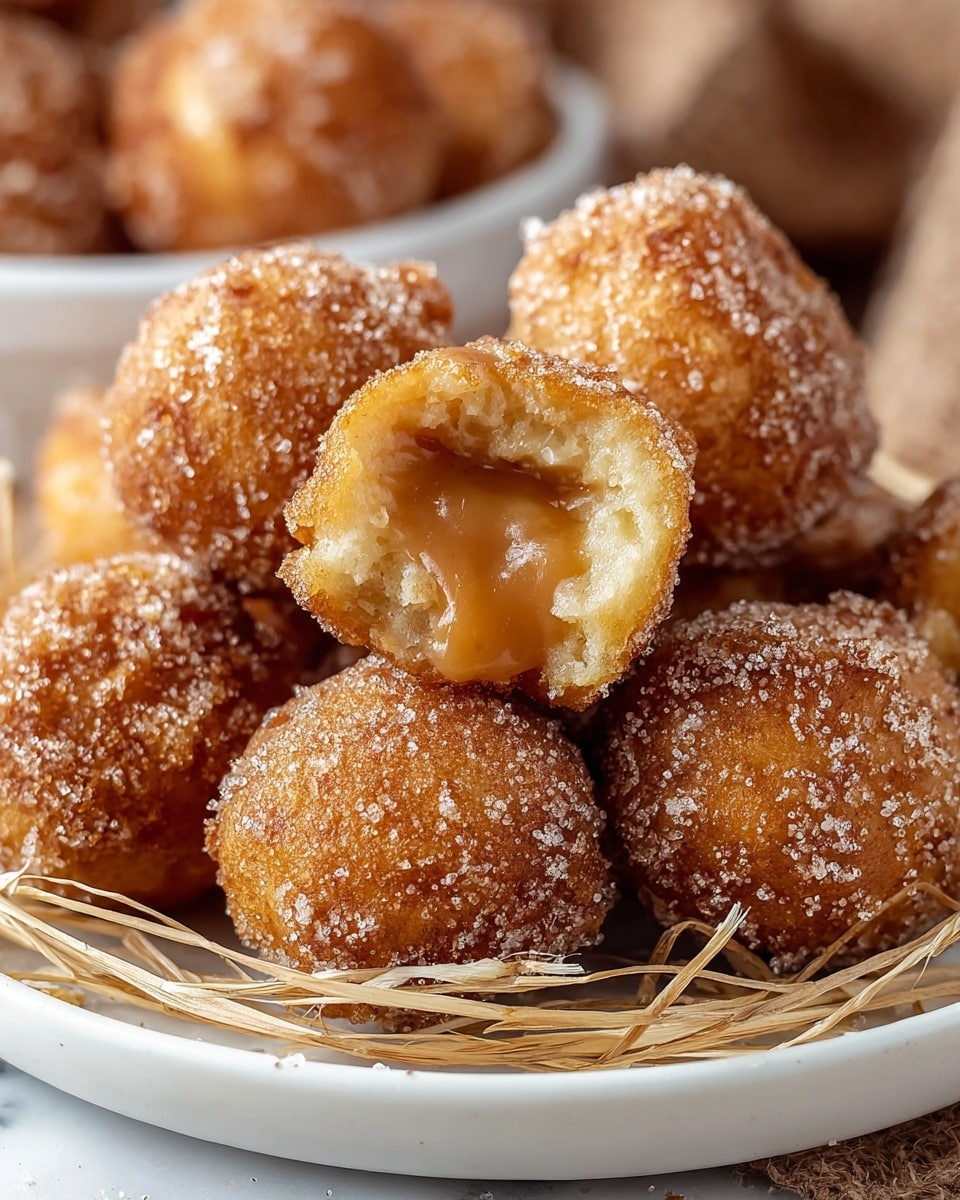 A white plate holds several small round fried balls covered in a light golden brown crust sprinkled with granulated sugar. One ball, positioned near the top center, is broken open to reveal a soft, shiny caramel-colored filling inside, which looks smooth and slightly sticky. The balls have a bumpy texture with visible sugar crystals and cinnamon specks. The plate is lined with thin, light beige raffia fibers, adding a rustic touch. The background is soft focus but shows more fried balls in a white bowl resting on a white marbled surface. photo taken with an iphone --ar 4:5 --v 7