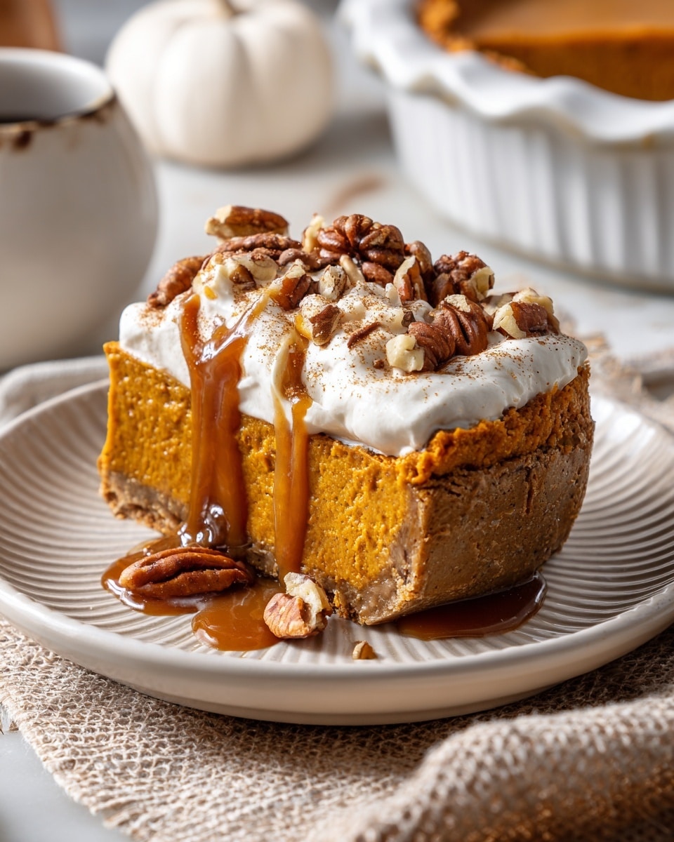 A slice of pumpkin pie with a thick golden-brown crust and dense orange pumpkin filling sits on a white plate with ridged edges. The top layer is covered with a creamy white whipped topping, sprinkled with cinnamon and topped with whole and chopped pecans. Rich amber caramel sauce drips down the sides of the pie slice onto the plate. The plate is placed on a beige woven cloth, with a white marbled textured background and blurred white ceramic cup and pie dish in the back. Photo taken with an iphone --ar 4:5 --v 7