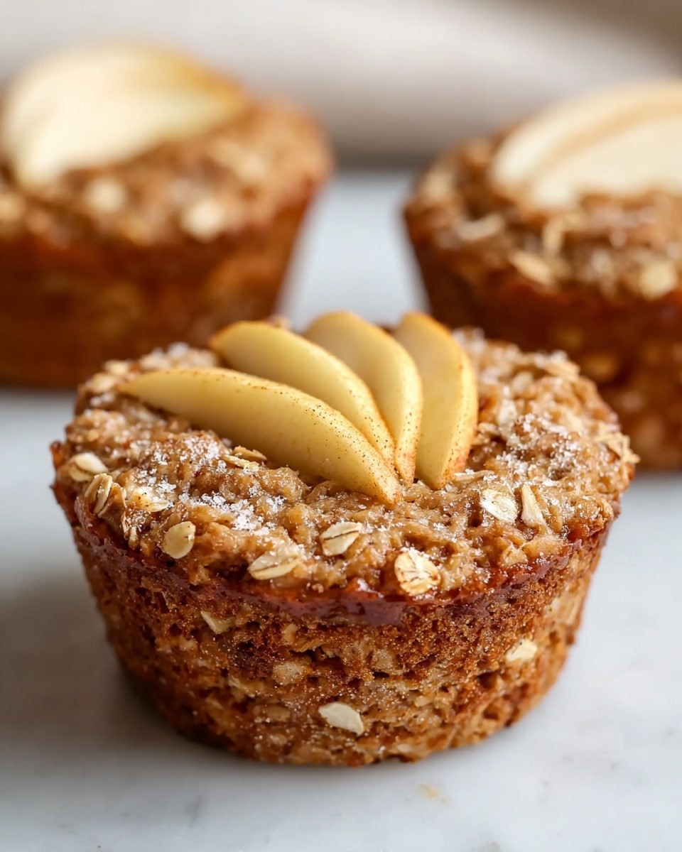 A close-up view of a single oatmeal muffin topped with three thin apple slices arranged in the center. The muffin has a textured surface covered by oats and a sprinkling of coarse sugar crystals and cinnamon powder, giving it a grainy and slightly rough look. Its outer sides are golden-brown with visible oats embedded in the muffin, showcasing a moist and hearty texture. In the background, two similar muffins are softly out of focus on a white marbled surface, creating a warm and cozy atmosphere. photo taken with an iphone --ar 4:5 --v 7