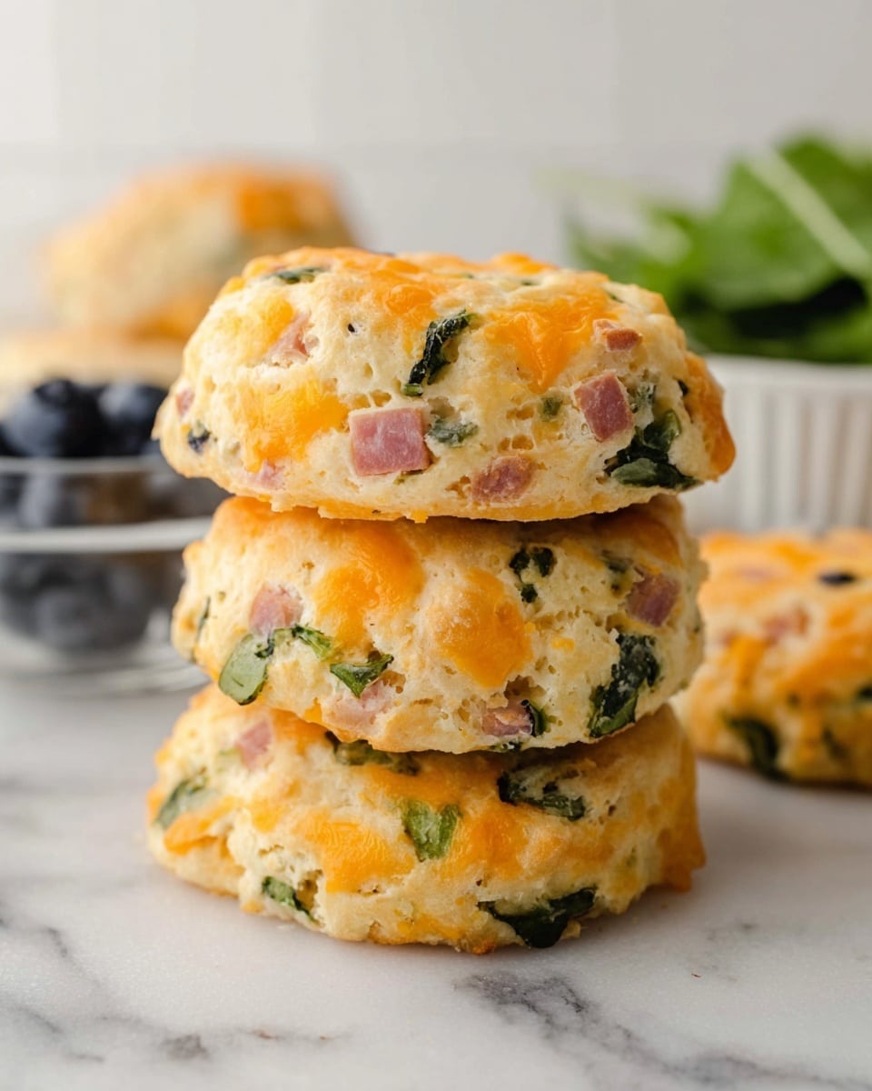 A stack of three biscuit-like scones sits in the center on a white marbled texture, each round biscuit showing a mix of orange cheese chunks and green leafy herbs with small pieces of pink ham inside. The scones have a golden-brown crust with a soft and fluffy texture visible along the edges. In the blurred background, there is a white bowl with green leaves and a clear glass bowl with dark blueberries, adding natural color contrasts. The overall setting is clean and bright, focusing on the warm, savory pastries. Photo taken with an iphone --ar 4:5 --v 7