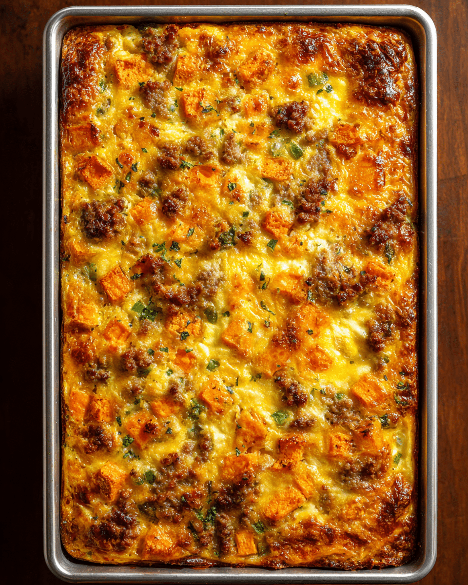 A rectangular baked casserole in a silver metal pan with a golden-brown top layer that looks slightly crispy and bubbly, showing chunks of bright orange sweet potatoes spread evenly throughout, mixed with browned ground meat pieces and flecks of green herbs scattered on top, all embedded in a creamy, yellow egg mixture that holds the layers together; the edges are browned more deeply, creating a textured crust effect. The pan rests on a white marbled surface. photo taken with an iphone --ar 4:5 --v 7
