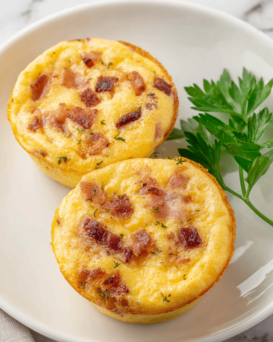 Two round, baked egg muffins are shown on a white plate with a smooth, glossy finish, set on a white marbled texture. Each muffin has a golden yellow top with a slight bubbly texture and visible small, irregular pieces of reddish-brown bacon mixed inside. The edges of the muffins are slightly crispy and a darker golden brown. A single green leafy parsley sprig is placed beside the muffins on the plate, adding a fresh pop of color. The photo taken with an iphone --ar 4:5 --v 7