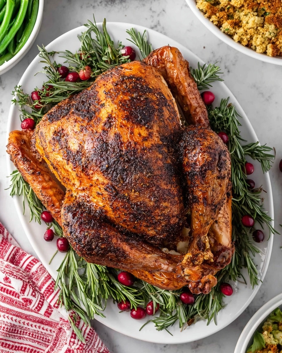 A whole roasted turkey with a dark, crispy, and herb-crusted skin lies centered on a large white oval plate. The turkey’s skin is golden-brown with blackened herbs sprinkled all over, giving a textured, slightly charred look. Around the turkey, there are bright red cranberries and fresh green sprigs of rosemary and sage, adding color contrast and freshness. The plate sits on a white marbled surface, surrounded by small white bowls of green beans and stuffing. A red and white striped cloth napkin is visible near the top right side of the plate. Photo taken with an iphone --ar 4:5 --v 7