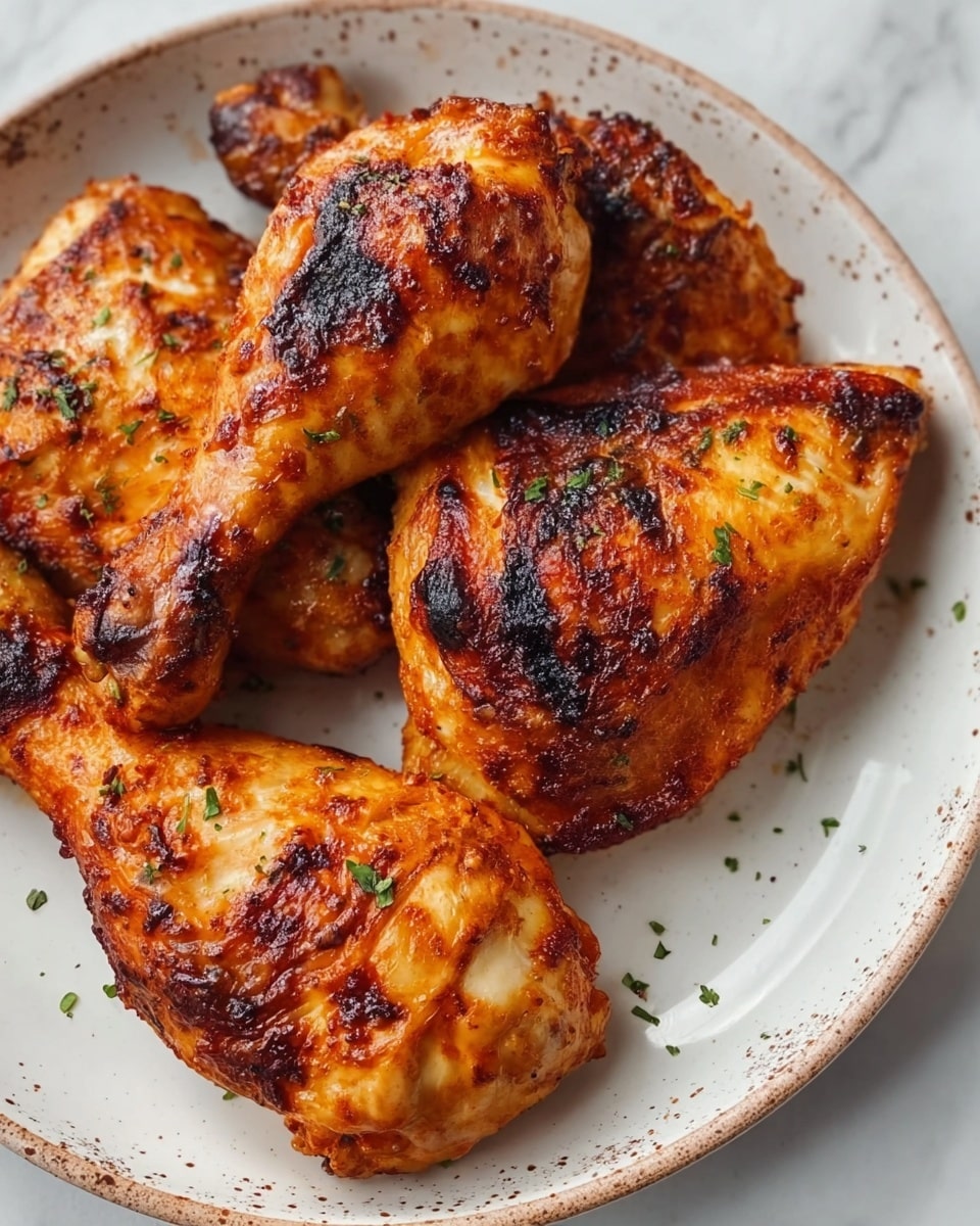 The image shows a close-up of four pieces of cooked chicken arranged on a white plate with brown speckles around the edges. Each piece has a golden to reddish-brown crispy skin with darker charred spots that add texture and depth. The chicken pieces include drumsticks and thighs, with the skin slightly wrinkled and glistening as if freshly cooked, and a few small green herb flakes scattered lightly on top and around the plate. The plate sits on a white marbled surface, enhancing the warm colors of the chicken. photo taken with an iphone --ar 4:5 --v 7