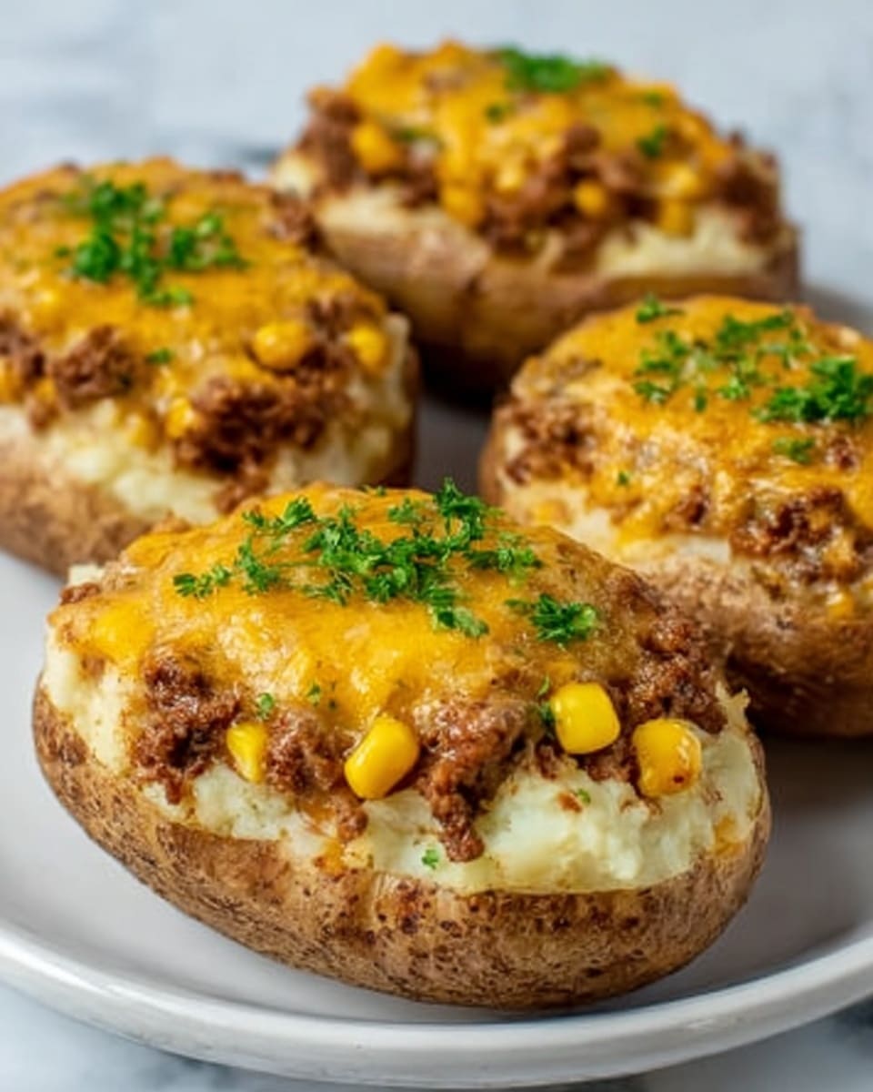 The image shows four stuffed baked potato halves on a white plate, placed on a white marbled surface. Each potato half has a base layer of golden-brown potato skin filled with a layer of creamy white mashed potato. On top of the mashed potato, there is a thick layer of brown ground beef mixed with yellow corn kernels, covered by melted bright orange cheddar cheese that looks gooey and slightly browned. The dish is finished with small sprigs of fresh green parsley sprinkled over the cheese, adding a pop of color. Photo taken with an iphone --ar 4:5 --v 7