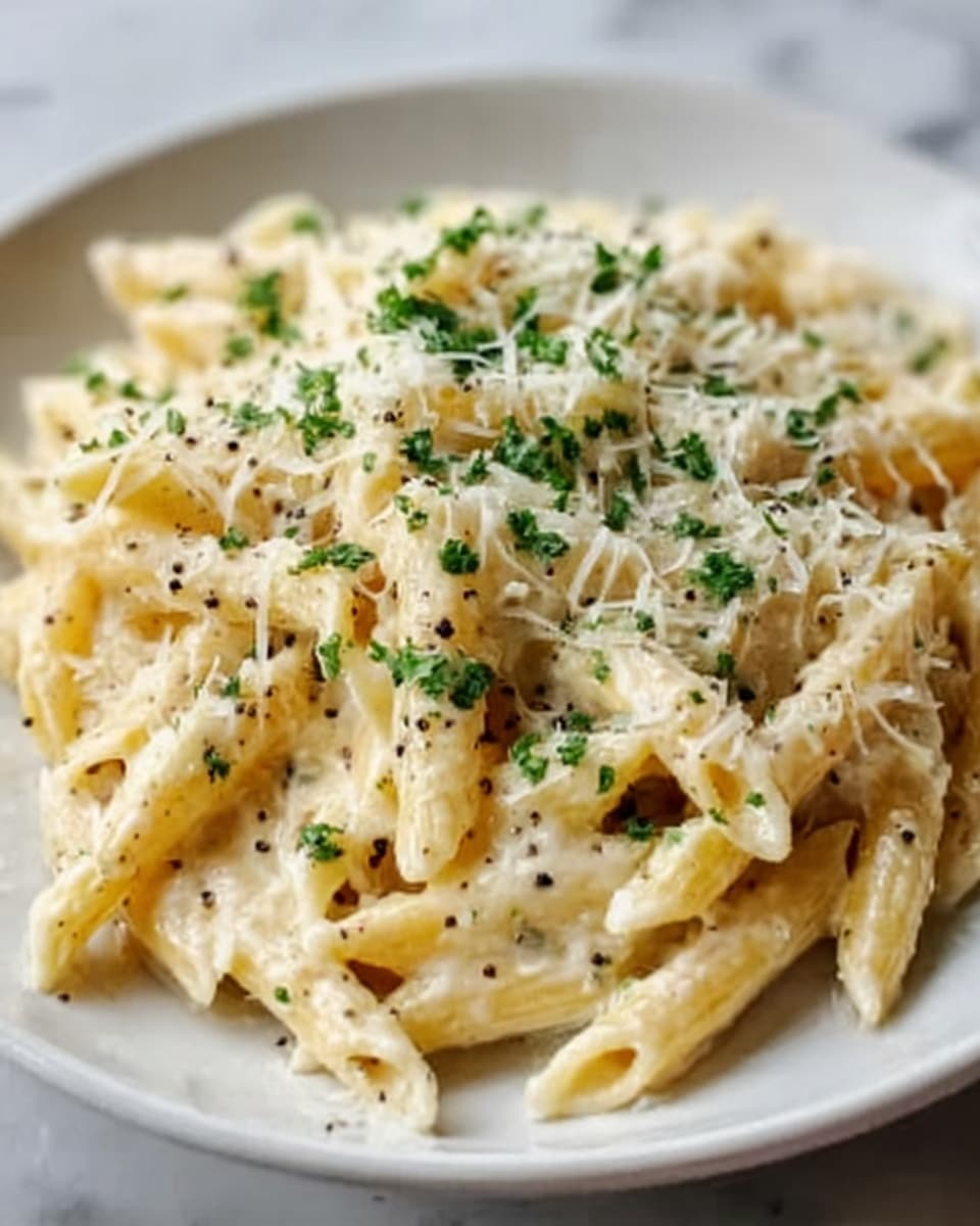 A white plate filled with a single layer of creamy penne pasta. The pasta is coated in a smooth, light yellow cheese sauce with fine grated cheese sprinkled thickly on top, creating a fluffy, soft white layer. Small green herb bits are scattered evenly over the cheese, adding specks of color. The texture looks rich and slightly glossy, and the dish is set on a white marbled surface. Photo taken with an iphone --ar 4:5 --v 7