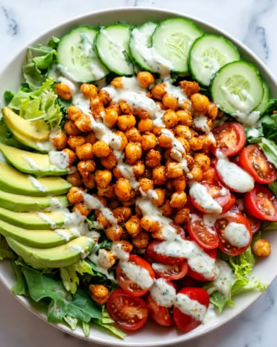 A white plate filled with a fresh, colorful salad arranged in layers. The bottom layer is leafy green spinach, topped with round slices of light green cucumber around the edge. Bright red cherry tomato halves are placed next to the cucumbers. In the center, there is a generous layer of golden-brown roasted chickpeas drizzled with a light creamy sauce. On one side, there are smooth slices of light green avocado fanned out neatly. The plate sits on a white marbled surface, and a woman's hand is gently holding the edge of the plate. Photo taken with an iphone --ar 4:5 --v 7