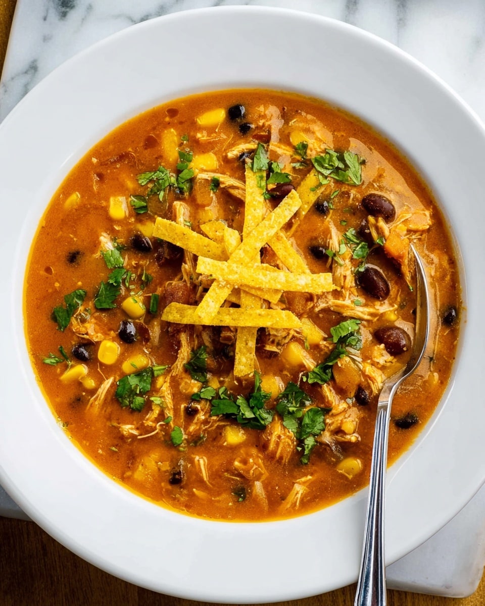 A white plate filled with thick, orange-red stew that has visible chunks of shredded chicken, black beans, and yellow corn mixed throughout. The stew is topped with a small stack of thin, crispy, golden yellow tortilla strips placed in the center. Bright green cilantro leaves are scattered on top and mixed into the stew, adding a fresh contrast to the warm colors. A silver spoon rests on the right side of the plate, partially submerged in the stew. The plate sits on a white marbled surface. photo taken with an iphone --ar 4:5 --v 7