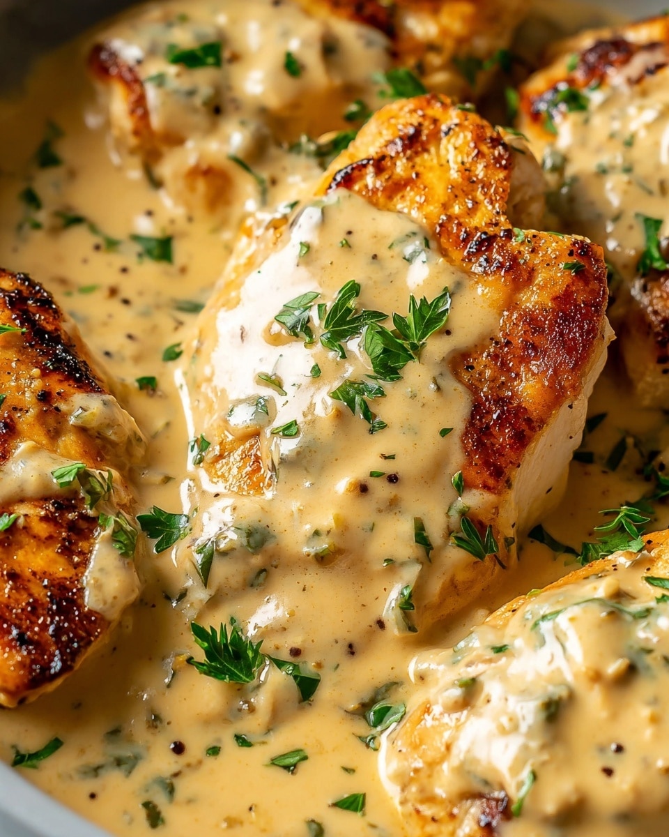 This close-up image shows several pieces of cooked chicken breast, each cut into thick slices with a golden-brown grilled surface lightly sprinkled with black pepper and small green herb leaves. The chicken pieces are covered in a creamy yellow sauce with visible bits of herbs, creating a smooth and glossy texture that pools around the chicken. The background features a white marbled surface, adding a clean and bright setting to the dish. The edges of the white plate or pan holding the chicken are slightly visible, framing the dish softly. photo taken with an iphone --ar 4:5 --v 7
