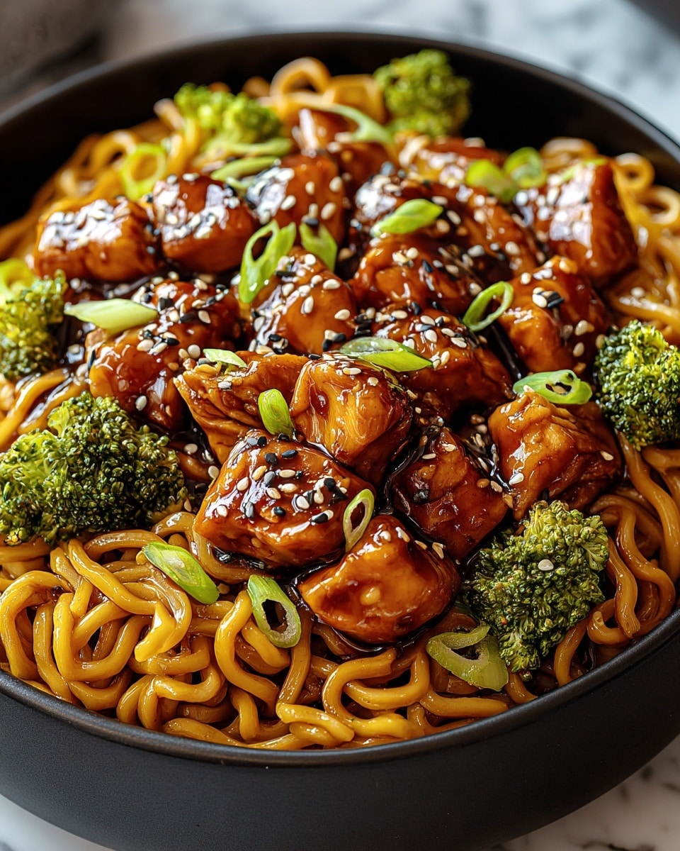 A black round plate holds a serving of glossy, brown-colored noodles forming the base layer, topped with medium-sized chunks of shiny, dark brown glazed chicken pieces scattered all over. Bright green broccoli florets and small green onion slices are spread evenly among the chicken and noodles, while white and black sesame seeds are sprinkled on the chicken pieces, adding texture and contrast. The scene is set on a white marbled surface, with soft lighting that highlights the glossy sauce and the fresh colors of the vegetables. photo taken with an iphone --ar 4:5 --v 7