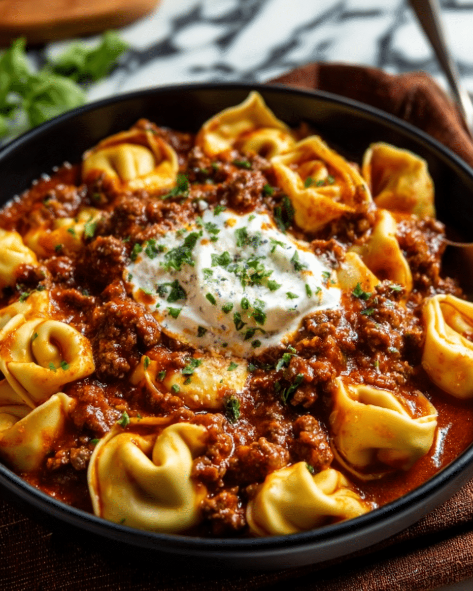 A close-up of a black bowl filled with tortellini pasta covered in thick red meat sauce with ground beef. In the center, there is a dollop of white cream or ricotta cheese topped with finely chopped green herbs. The bowl sits on a dark brown cloth with a white marbled surface in the background. The tortellini pieces are well coated, showing their folded ring shape with a smooth yellow pasta texture. Photo taken with an iphone --ar 4:5 --v 7
