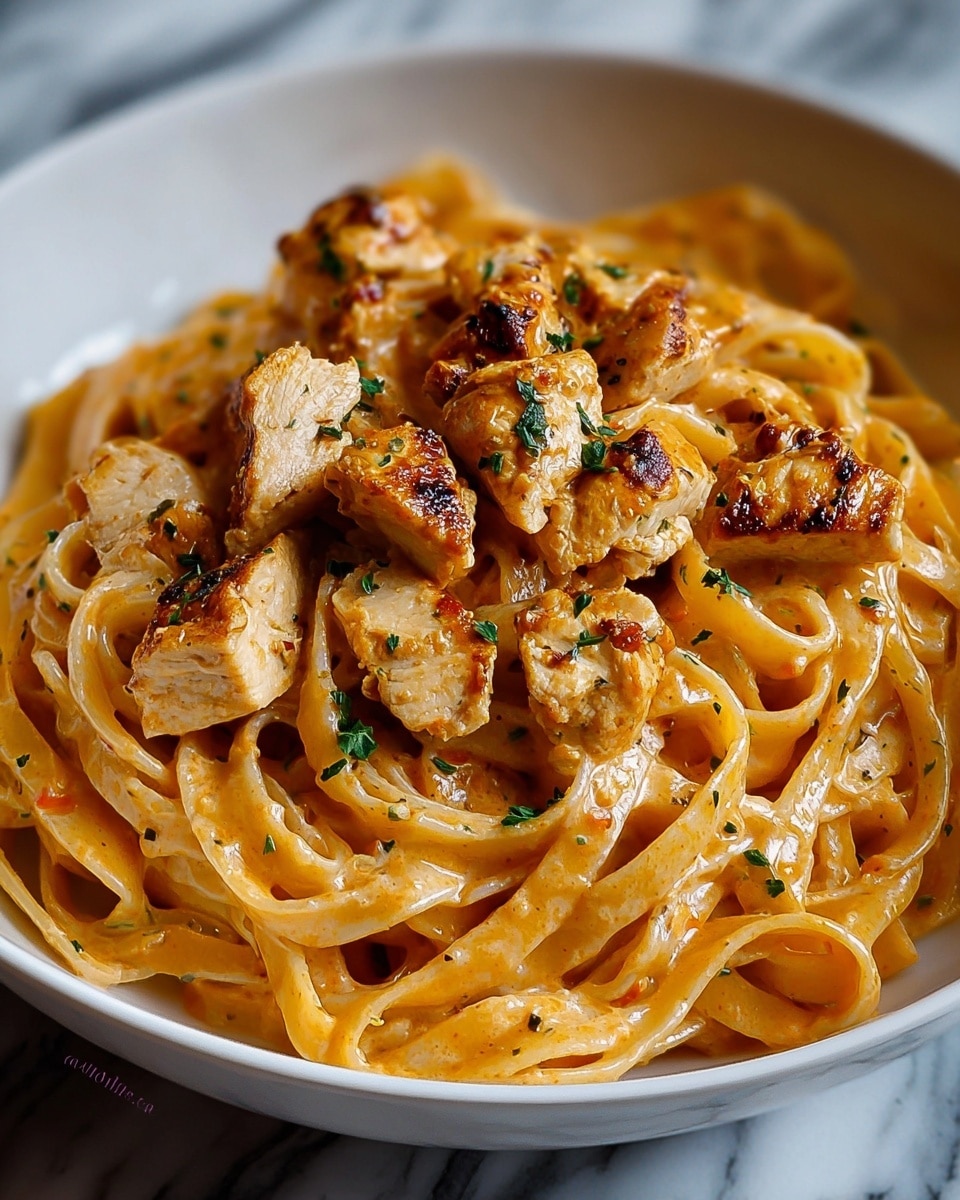 The image shows a bowl of creamy pasta with grilled chicken pieces on top. The dish has two clear layers: the bottom layer is creamy, orange-colored fettuccine pasta coated with sauce, smooth and shiny in texture, and on top are medium-sized chunks of golden-brown grilled chicken, sprinkled with small green herb pieces that add a touch of freshness. The bowl is white, sitting on a white marbled surface. photo taken with an iphone --ar 4:5 --v 7