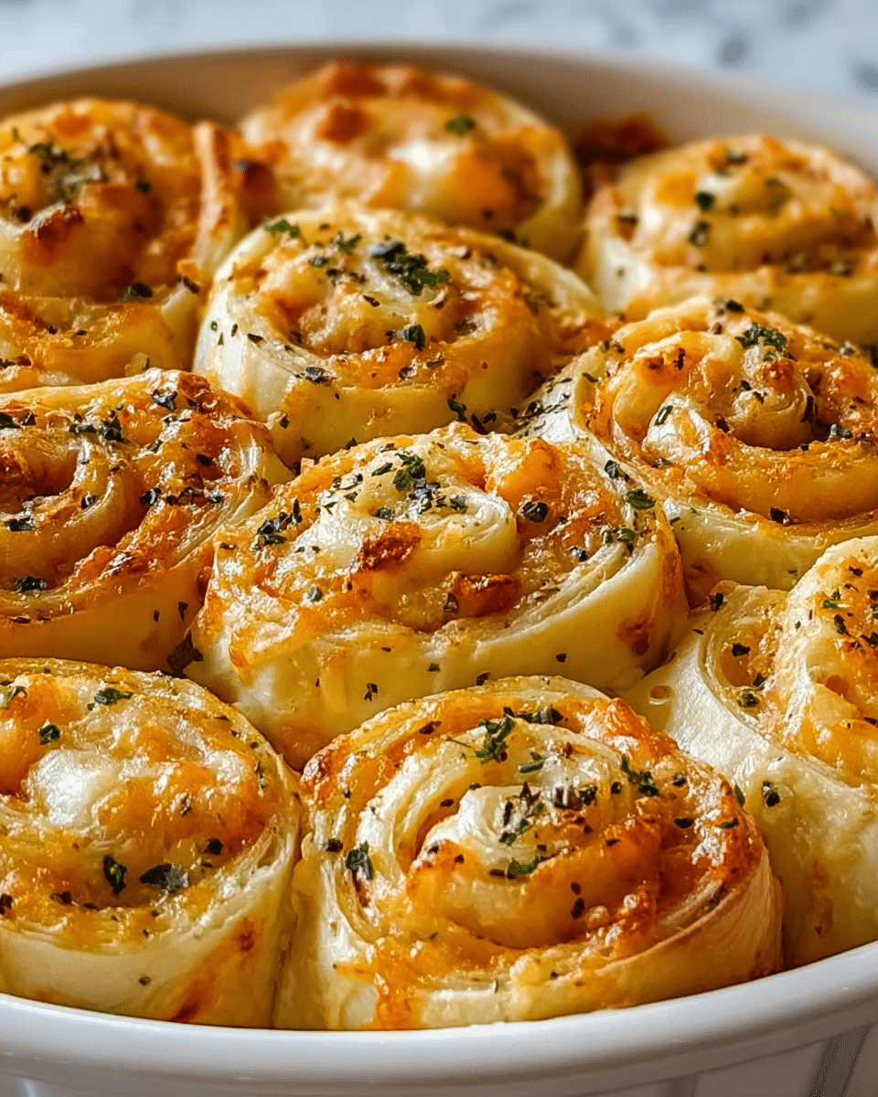 The image shows a close-up of golden baked rolls arranged tightly together in a white ceramic dish. Each roll has multiple layers of light golden-brown dough spiraled around a filling of melted cheese and small bits of cooked shrimp, giving a creamy cream and light orange texture inside. The tops are slightly crisp and sprinkled with chopped green herbs and black pepper, adding contrast and freshness. The dish sits on a white marbled surface, making the warm colors of the rolls stand out. photo taken with an iphone --ar 4:5 --v 7