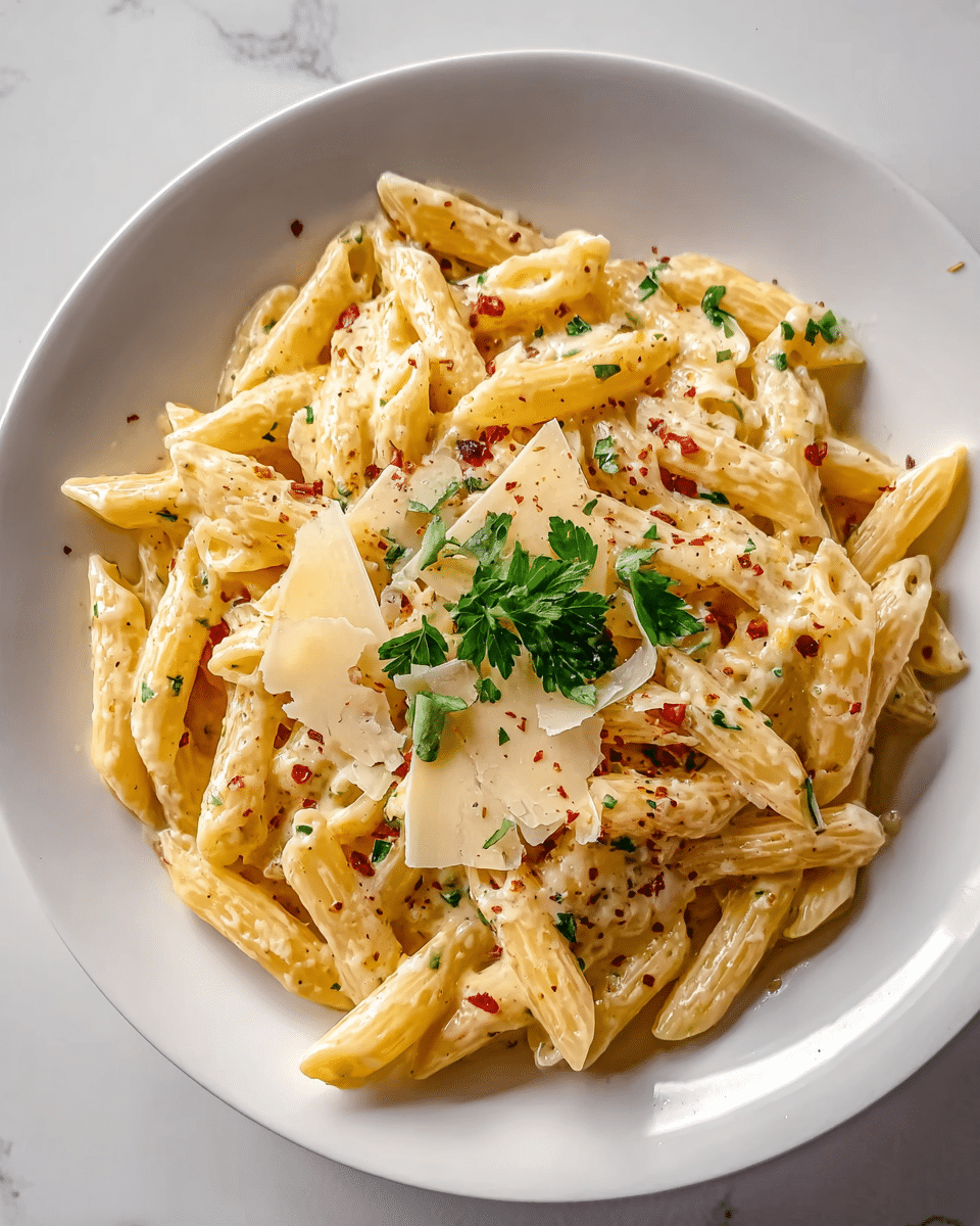 A white shallow round plate holds a creamy penne pasta dish that fills most of the plate. The penne pasta is coated evenly with a pale yellow creamy sauce and scattered with small green herb bits and tiny red chili flakes. On top, there are thin shavings of light yellow cheese, with a small bunch of fresh parsley leaves placed in the center. The surface underneath the plate is a white marbled texture, adding a clean and bright background. photo taken with an iphone --ar 4:5 --v 7