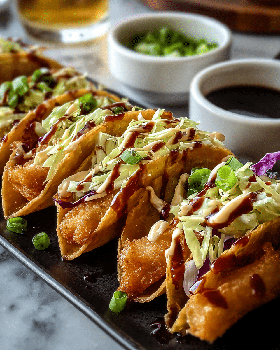 A close-up of four crispy golden fried fish tacos arranged in a row on a black plate, each taco shell filled with pieces of crispy fried fish, topped with shredded green and purple cabbage, and chopped green onions, all drizzled with light creamy sauce and dark barbecue sauce. In the background, there are two white bowls, one with extra green toppings and the other with dark dipping sauce, sitting on a white marbled surface. photo taken with an iphone --ar 4:5 --v 7
