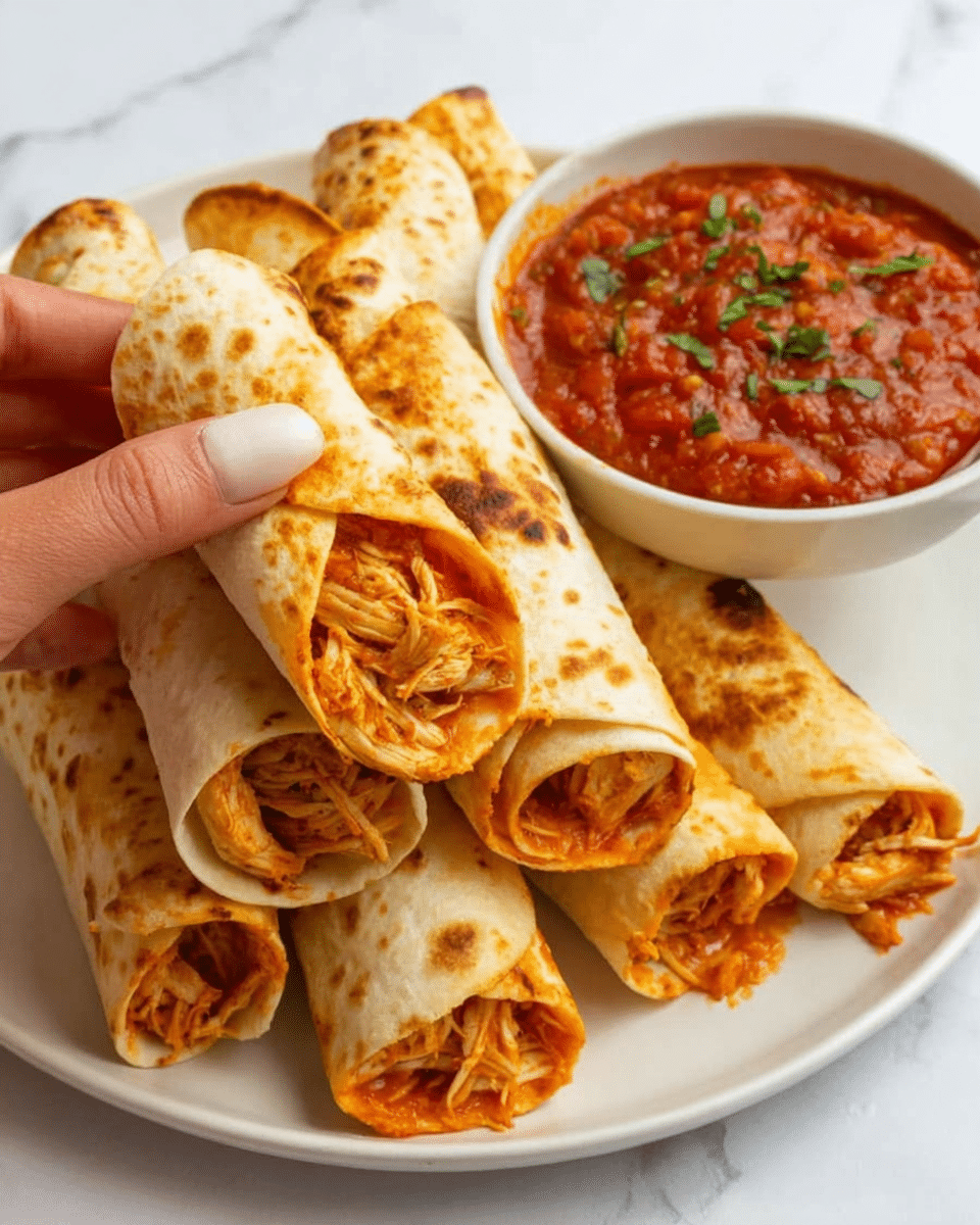 The image shows a white plate stacked with several rolled tortillas filled with shredded chicken that has an orange-red color from the sauce. The tortillas are lightly browned and soft looking. Next to the plate is a small white bowl filled with chunky red salsa, garnished with small green herb leaves. A woman's hand is holding one of the rolled tortillas, dipping it into the salsa. The whole scene is set on a white marbled surface. Photo taken with an iphone --ar 4:5 --v 7