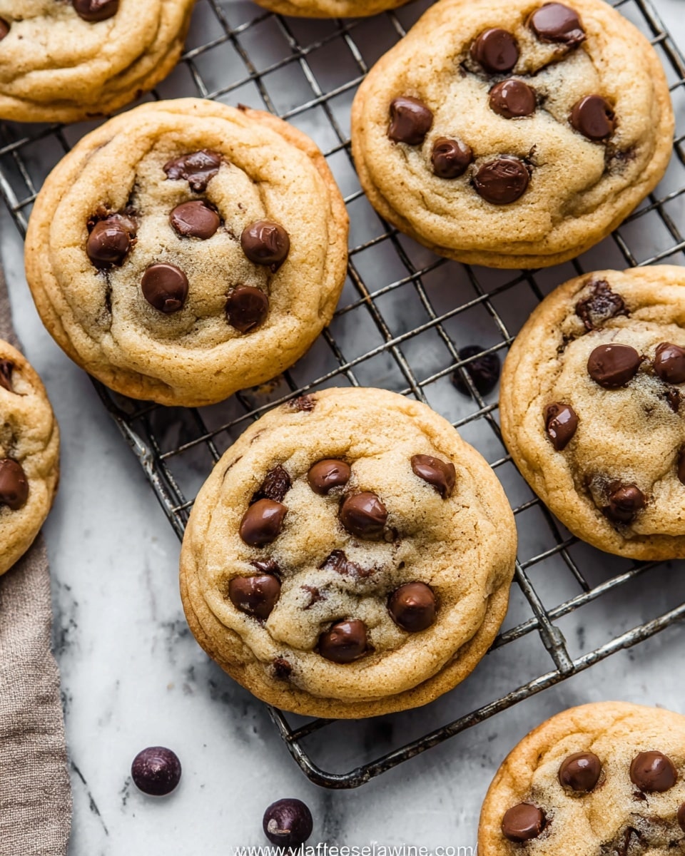 The image shows a close-up of seven soft, round chocolate chip cookies placed on a metal cooling rack over a white marbled surface. Each cookie has a light golden-brown color with swirled textures and is generously dotted with dark, shiny chocolate chips spread evenly across the surface. The cookies appear thick and slightly puffy with a soft, chewy texture visible from the swirls and small cracks. Scattered chocolate chips are seen on the white marbled background around the rack, adding to the fresh-baked feel. photo taken with an iphone --ar 4:5 --v 7