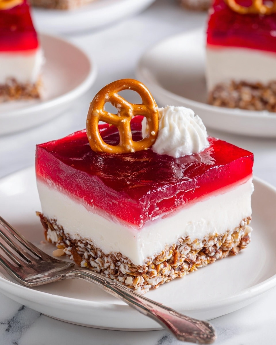 A square dessert slice on a white plate with three clear layers is shown, with two pretzels placed on top of and beside the slice. The bottom layer is a crumbly mix of light brown nuts and oats. The middle layer is thick and creamy white. The top layer is a bright, deep red jelly with a smooth, shiny surface and visible bits inside. A dollop of white cream sits on top under one pretzel. A silver fork rests on the plate beside the dessert. The background is a white marbled texture with a partial view of another white plate holding a similar dessert slice. photo taken with an iphone --ar 4:5 --v 7