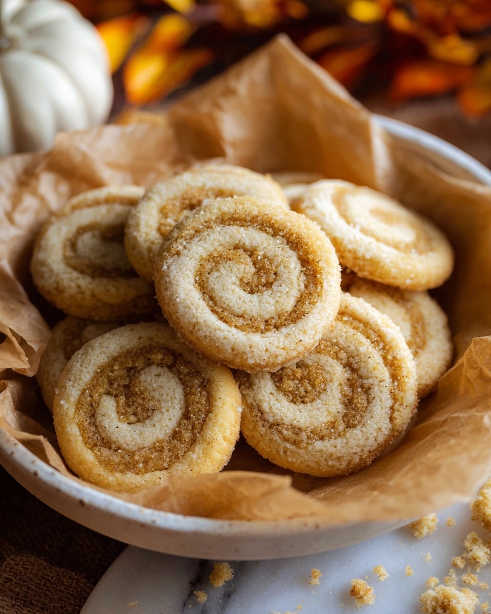 A white bowl filled with several round swirl cookies stacked loosely on top of each other. Each cookie has two visible layers forming a spiral pattern: a light beige outer layer and a darker brown inner layer with a slightly crumbly texture. The bowl is lined with white parchment paper, adding a soft touch under the cookies. The scene sits on a white marbled surface with autumn leaves and a small white pumpkin nearby, giving a warm fall feeling. Photo taken with an iphone --ar 4:5 --v 7
