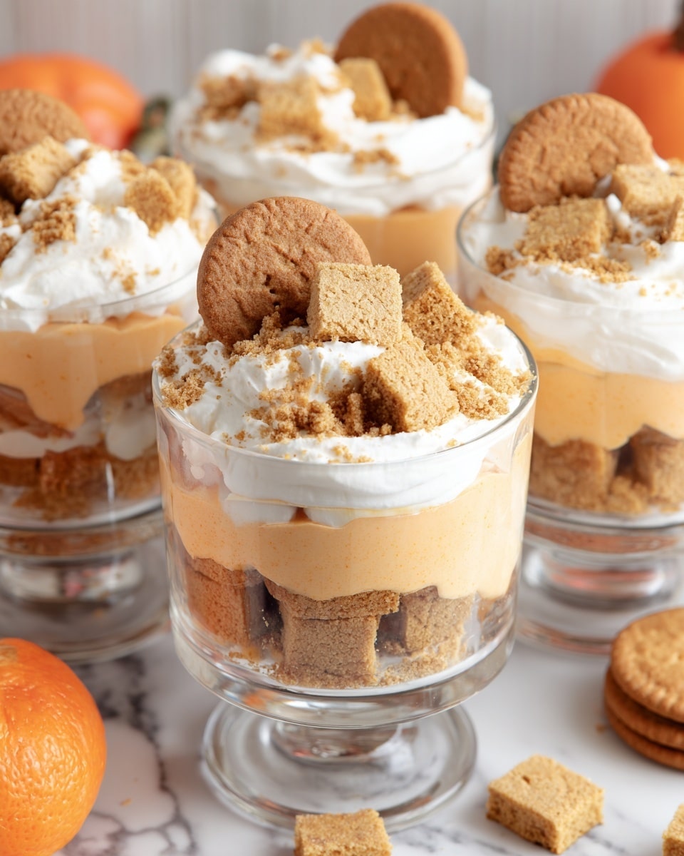 The image shows four clear glass cups filled with a layered dessert. Each cup has a bottom layer of smooth, light orange pudding, topped by a thick, white whipped cream layer. The whipped cream is decorated with crumbled cookie pieces and two small square pieces of golden-brown cake. Additionally, one round, beige cookie is placed upright in the whipped cream on each cup. The glasses rest on a white marbled surface, with more cookies and cake pieces visible in the background. Photo taken with an iphone --ar 4:5 --v 7