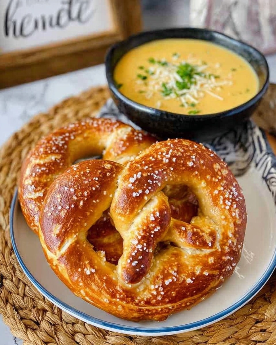 Two soft pretzels with a shiny golden-brown top covered in coarse white salt are placed side by side on a white plate with a thin blue rim. Behind the plate, there is a dark bowl filled with thick, creamy yellow cheese dip sprinkled with green herbs and small bits of red seasoning on top. Both the plate and bowl rest on a round woven placemat, set on a white marbled surface with a framed sign and spice containers blurred in the background. Photo taken with an iphone --ar 4:5 --v 7