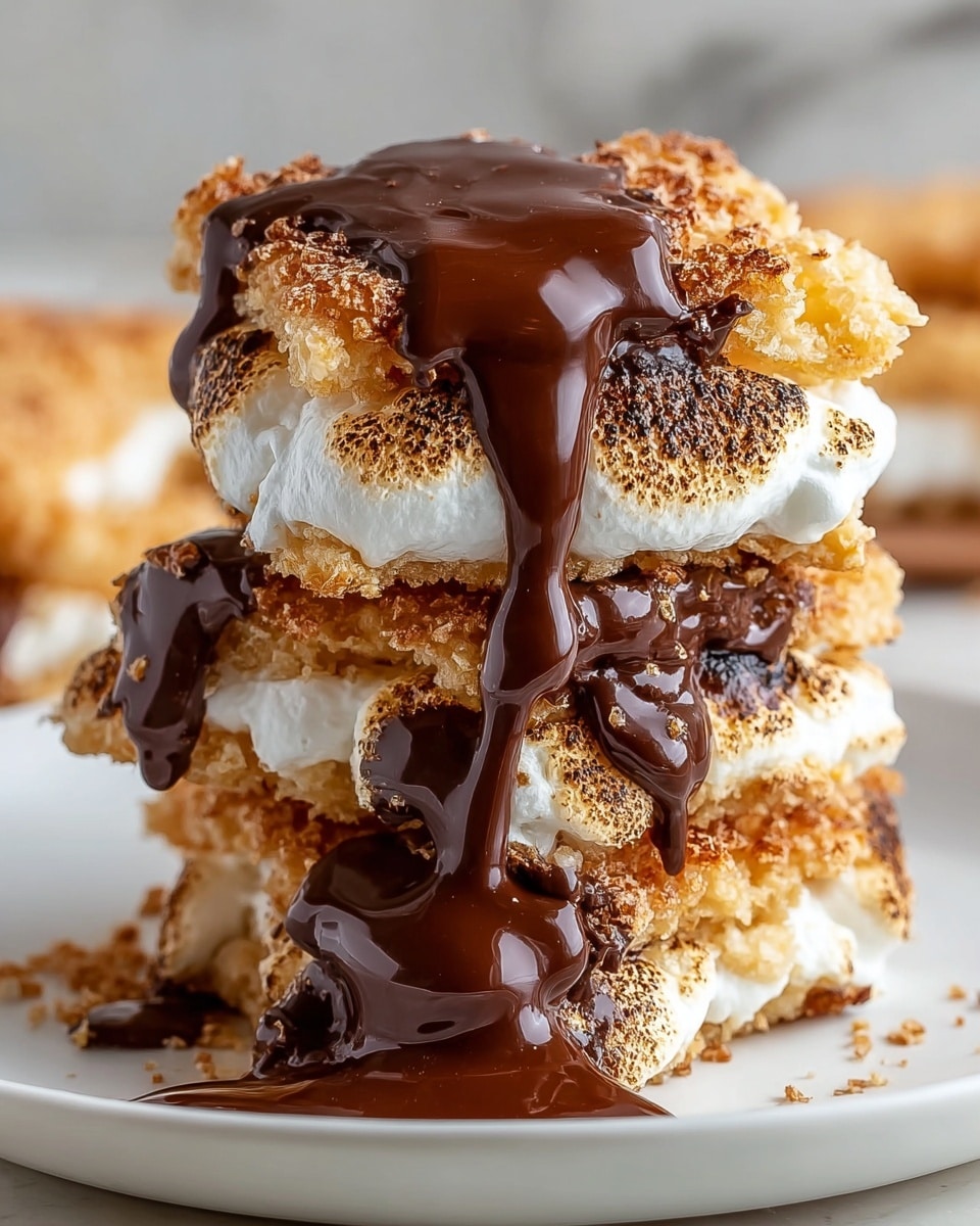 The image shows a close-up of a two-layer dessert stacked vertically. The bottom and top layers are crispy, golden brown, crumbly cookies dusted lightly with powdered sugar. Between these cookie layers are two thick, toasted marshmallows with charred brown spots on their white, fluffy surface. Dark, glossy chocolate sauce is poured over the top, dripping down the sides in thick streams and pooling slightly at the base. The dessert sits on a clean white plate placed on a white marbled surface. photo taken with an iphone --ar 4:5 --v 7