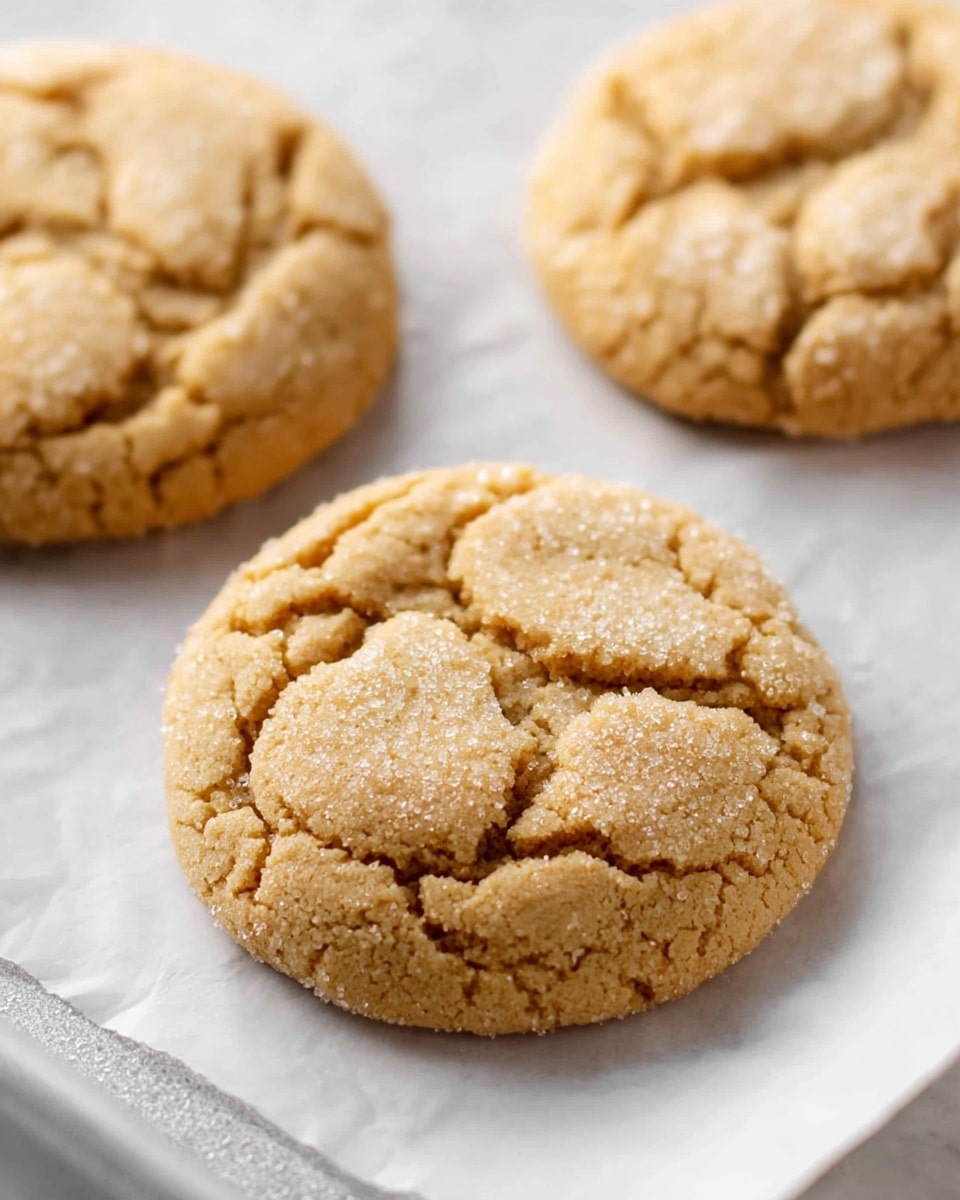Three round, golden-brown cookies with cracked, crumbly tops are resting on white parchment paper. Each cookie has a lightly rough texture with small sugar crystals sparkling on the surface. The cookies are thick and soft in appearance, placed closely but not touching each other. The background is a white marbled texture. photo taken with an iphone --ar 4:5 --v 7